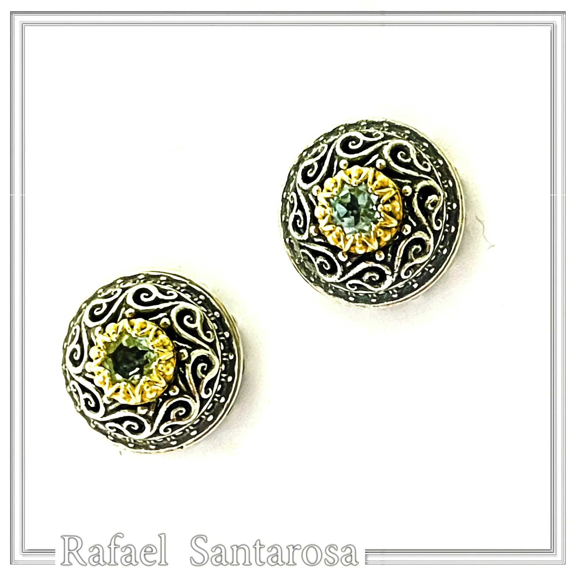 Byzantine Filigree Genuine Blue Topaz Stud Earrings: Oxidised & 18K Gold Filled Sterling Silver — additional product image 7 from Rafael Santarosa Fine Jewelry