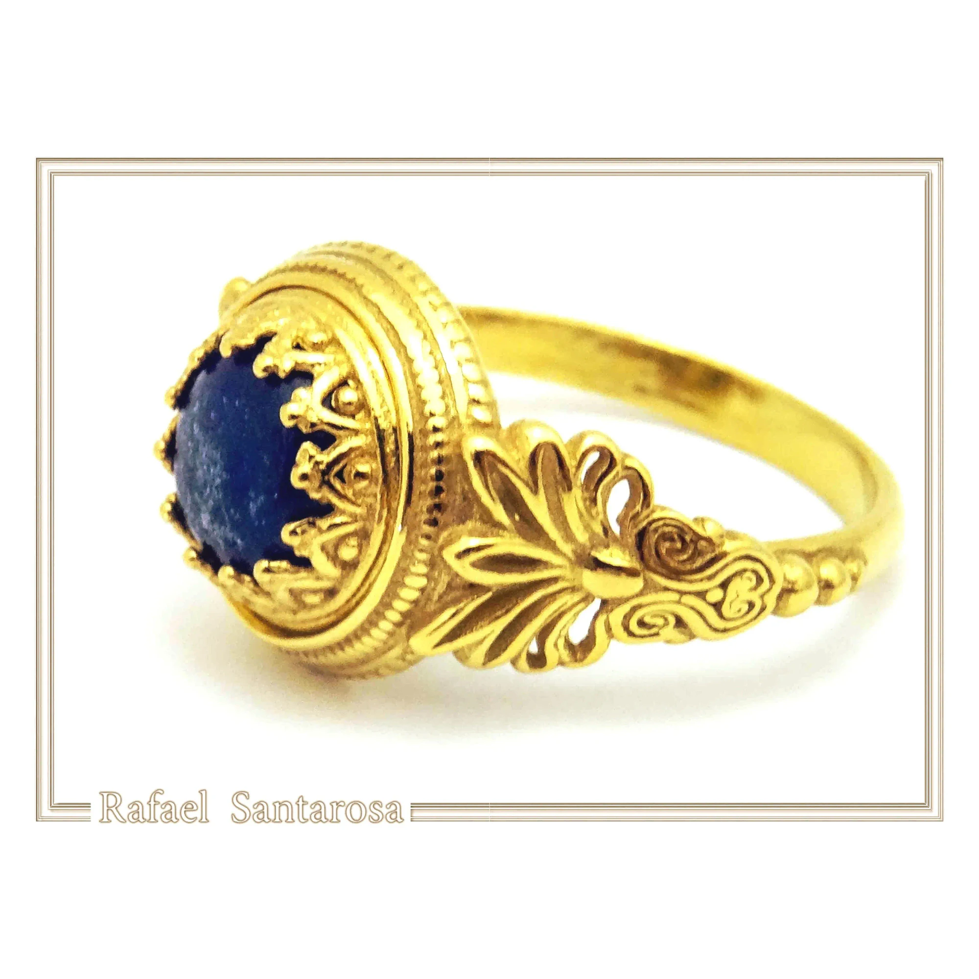 Natural Lapis Lazuli Greek Museum Ring: Handmade Filigree antefix 18K Gold-Filled Sterling Silver — additional product image 3 from Rafael Santarosa Fine Jewelry