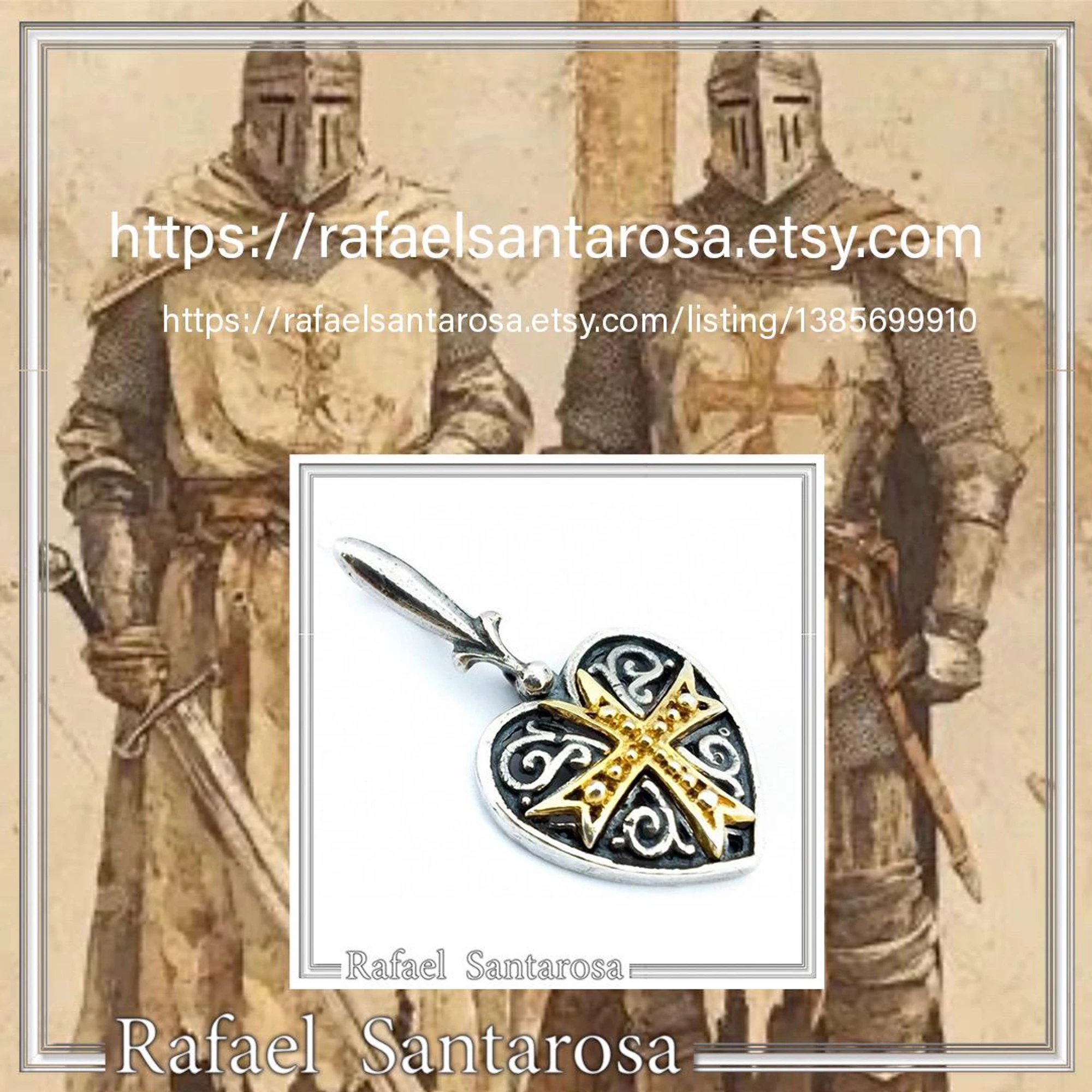 Byzantine Maltese Knights Cross Holy Heart Pendant: Oxidised and 18K Gold Filled Sterling Silver — additional product image 10 from Rafael Santarosa Fine Jewelry