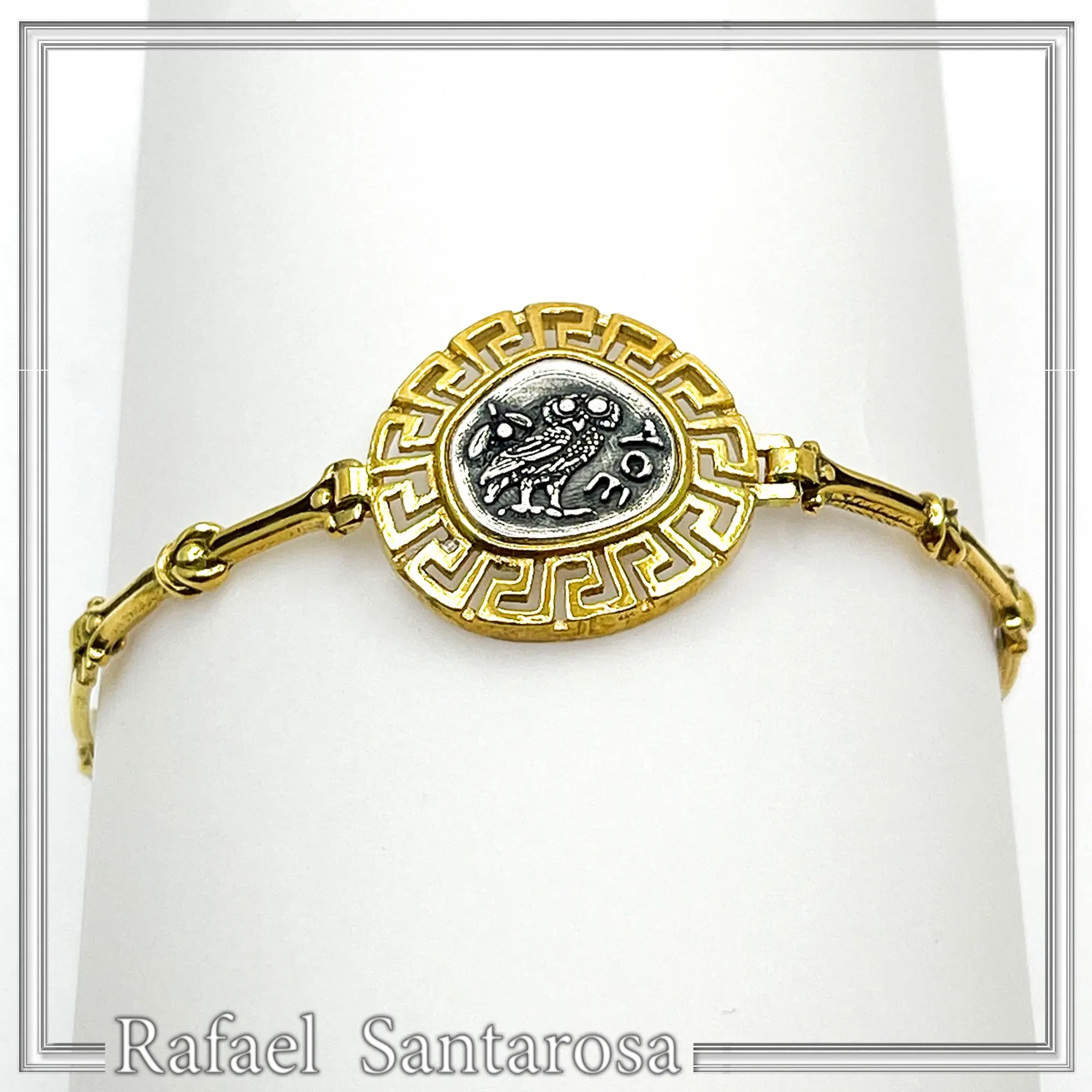 Athena Goddess Owl Tetradrachm Coin Greek Key Bracelet: Oxidized & 18k Gold Filled Sterling Silver — additional product image 3 from Rafael Santarosa Fine Jewelry