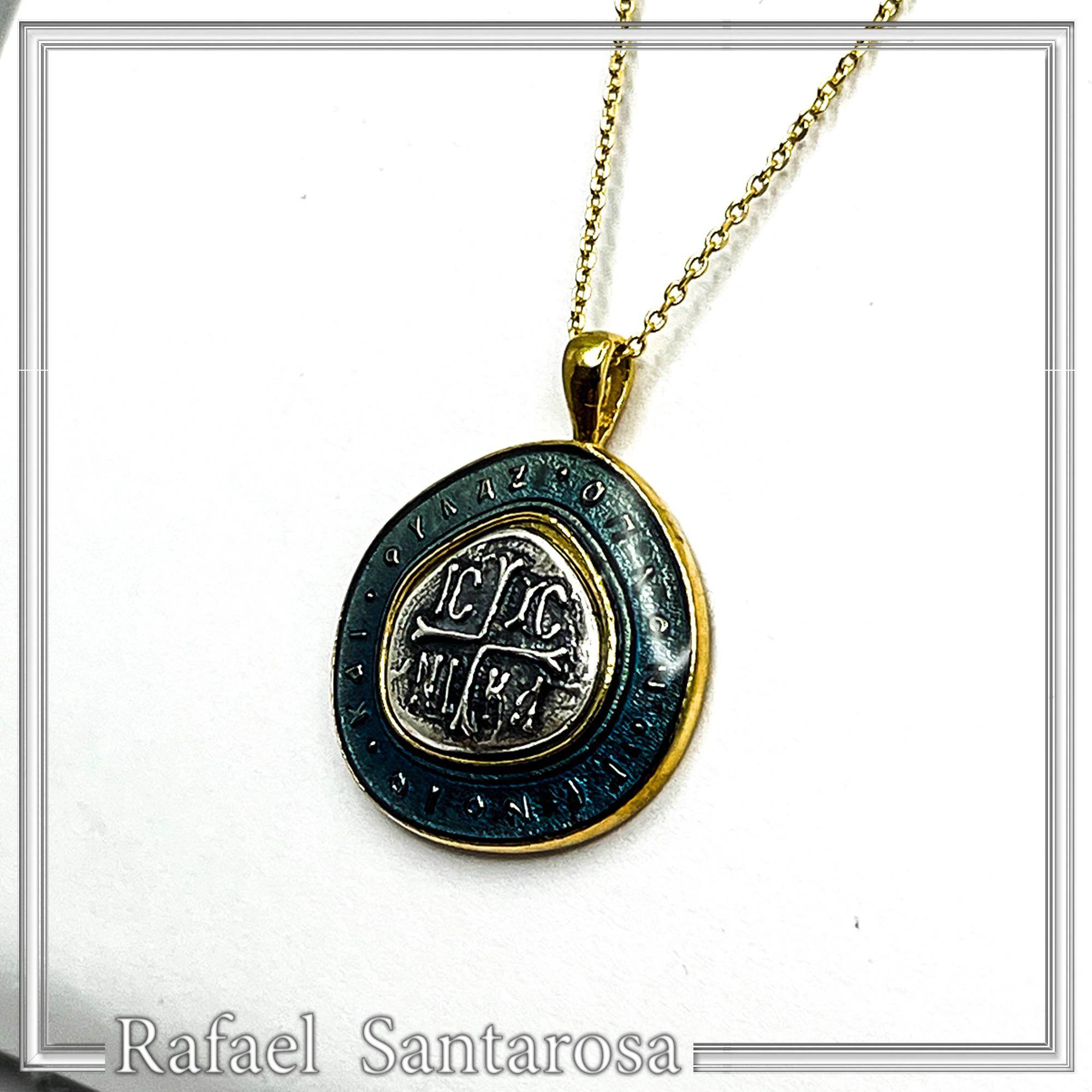 Byzantine Christian Prayer Talisman Necklace: Oxidized Sterling Silver, 18K Gold-Filled, Transparent Blue Enamel — additional product image 4 from Rafael Santarosa Fine Jewelry