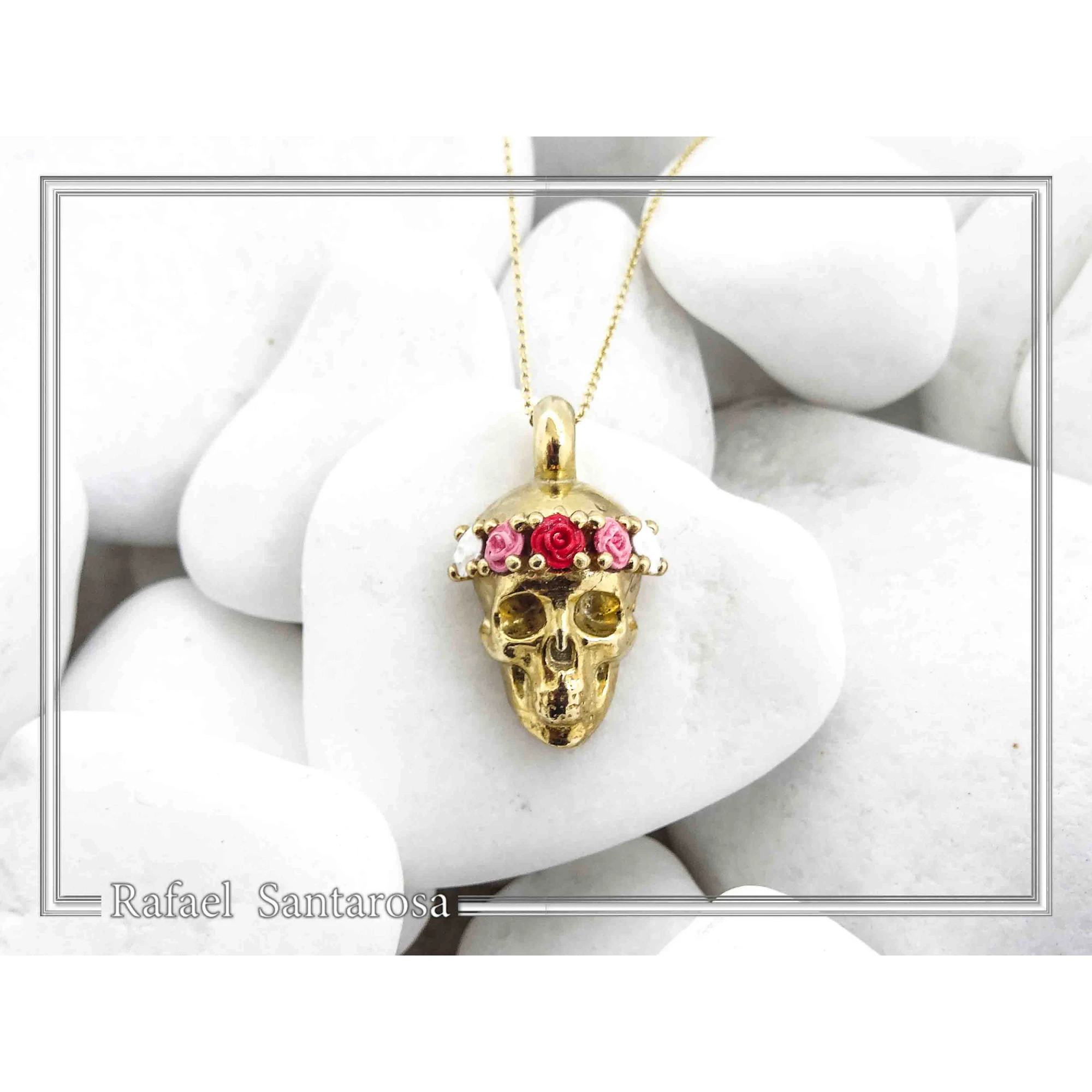 Skull With Rose Flowers Wreath Gothic Necklace: Sterling Silver 18K Gold Filled Pendant — additional product image 3 from Rafael Santarosa Fine Jewelry