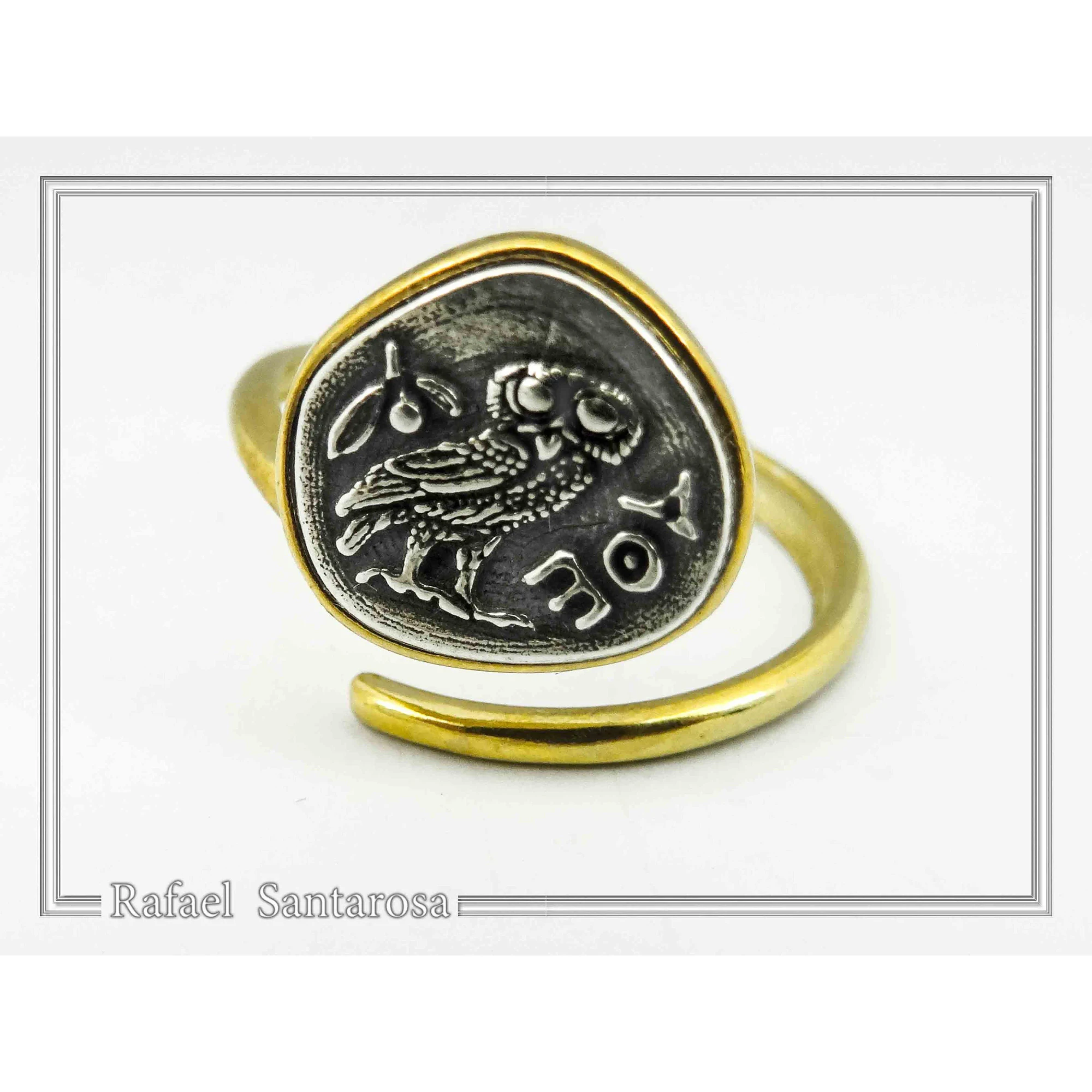 Goddess Athena Owl Wisdom symbol Greek Coin Ring: Oxidized Sterling Silver, 18k Gold-Filled — additional product image 2 from Rafael Santarosa Fine Jewelry