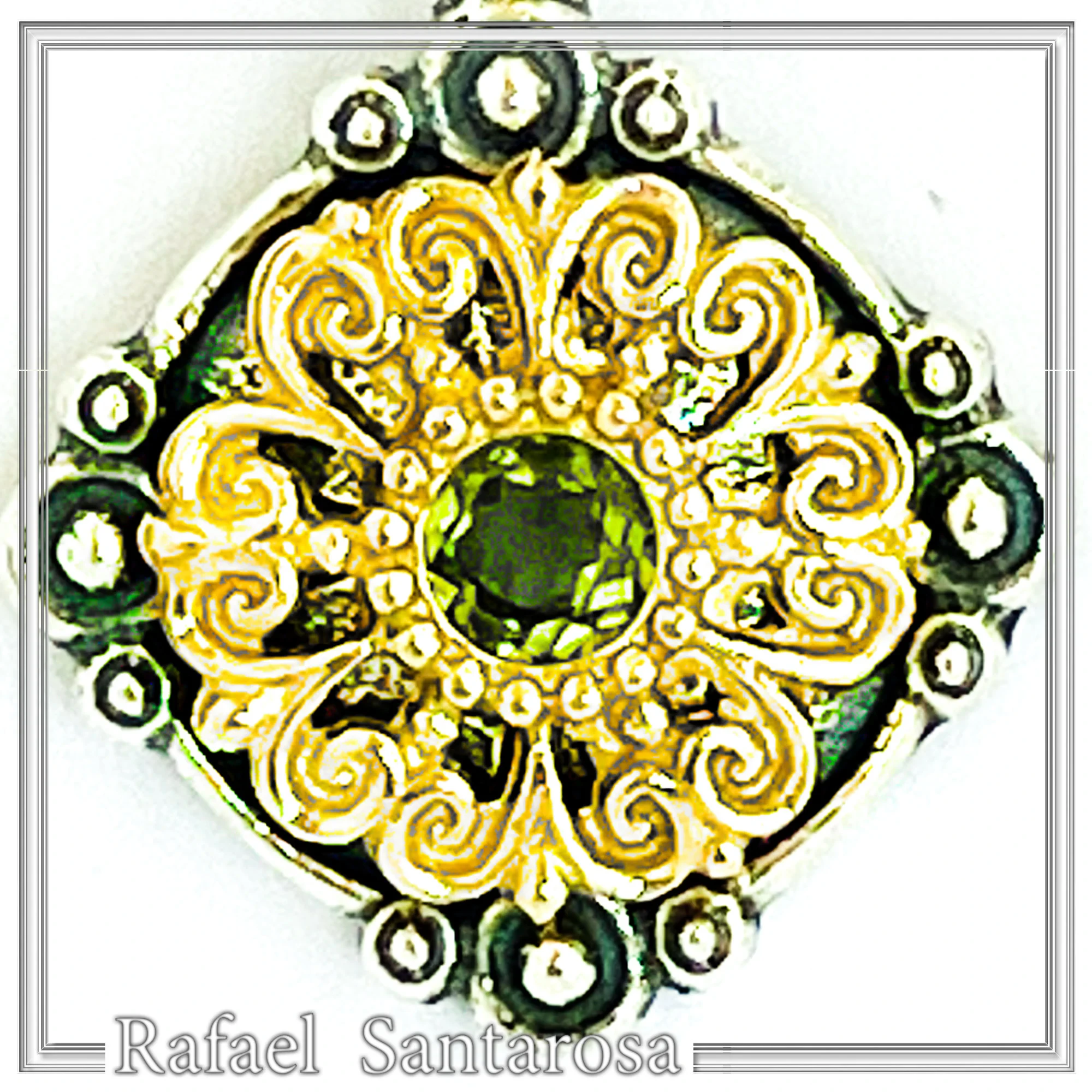 Genuine Peridot Gemstone Filigree Necklace: Sterling Silver Oxidised & Gold Filled Byzantine Pendant — additional product image 2 from Rafael Santarosa Fine Jewelry