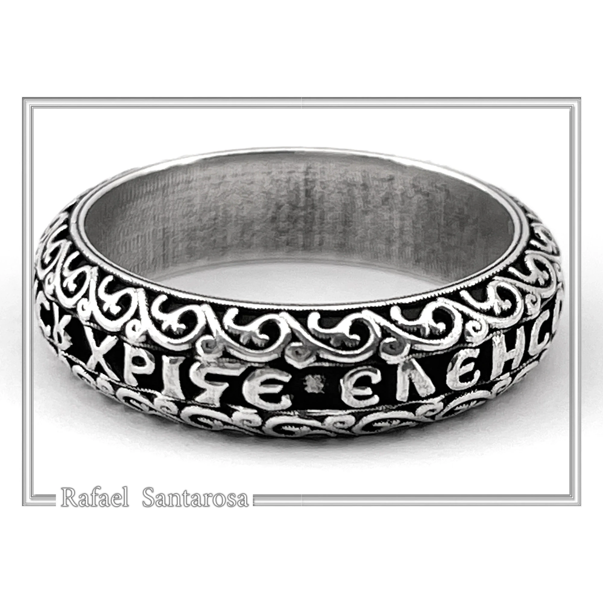 Orthodox Christian Prayer Ring: Lord Jesus Christ Have Mercy. Religious Band Oxidized Sterling Silver — additional product image 2 from Rafael Santarosa Fine Jewelry