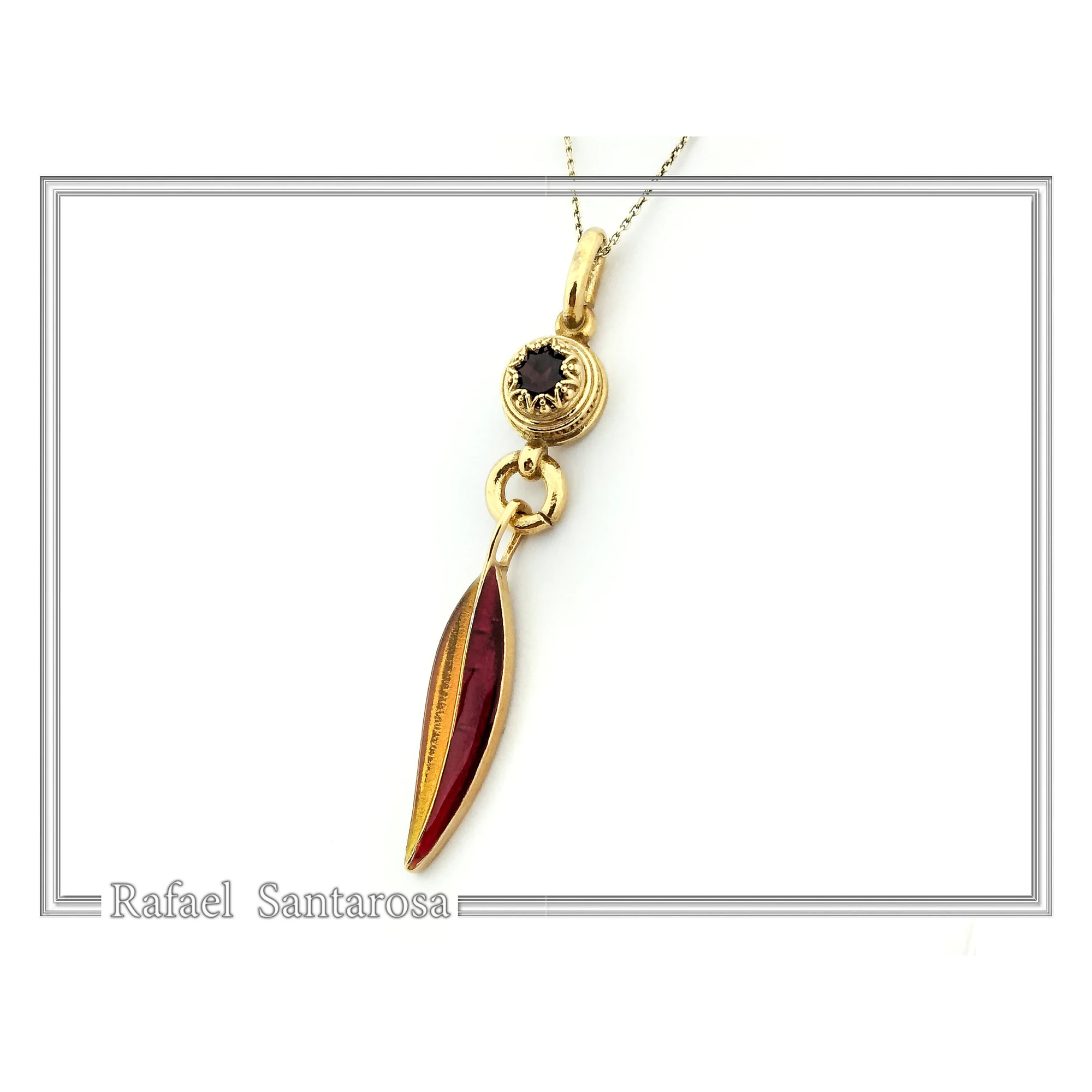 Olive Leaf Dangle Necklace: Natural Garnet and Enamel Floral Sterling Silver 18K Gold Filled — additional product image 3 from Rafael Santarosa Fine Jewelry
