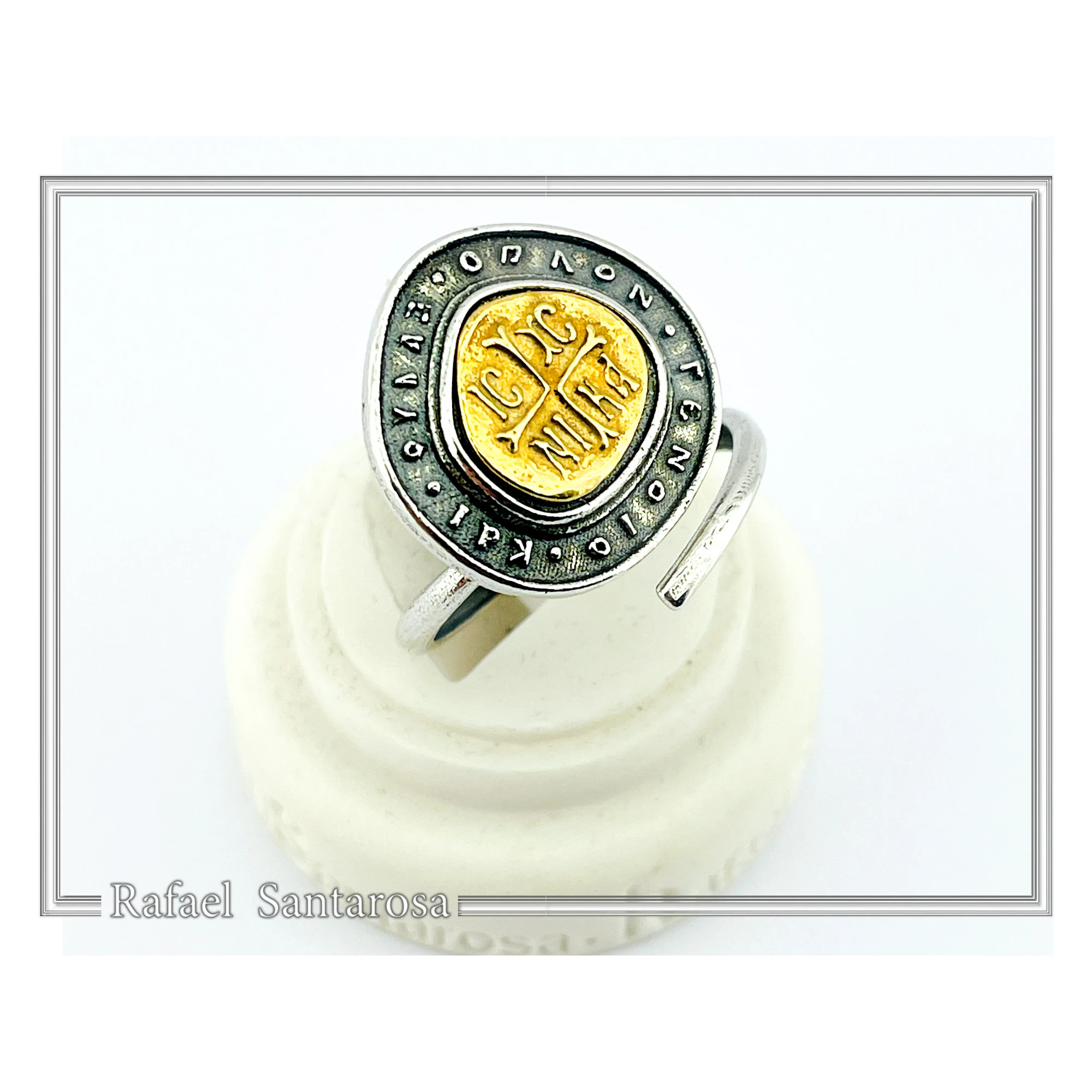 Jesus Christ Victorious ICXC NIKA Byzantine Talisman Adjustable Ring: 18K Gold & Oxidized Sterling Silver — additional product image 7 from Rafael Santarosa Fine Jewelry
