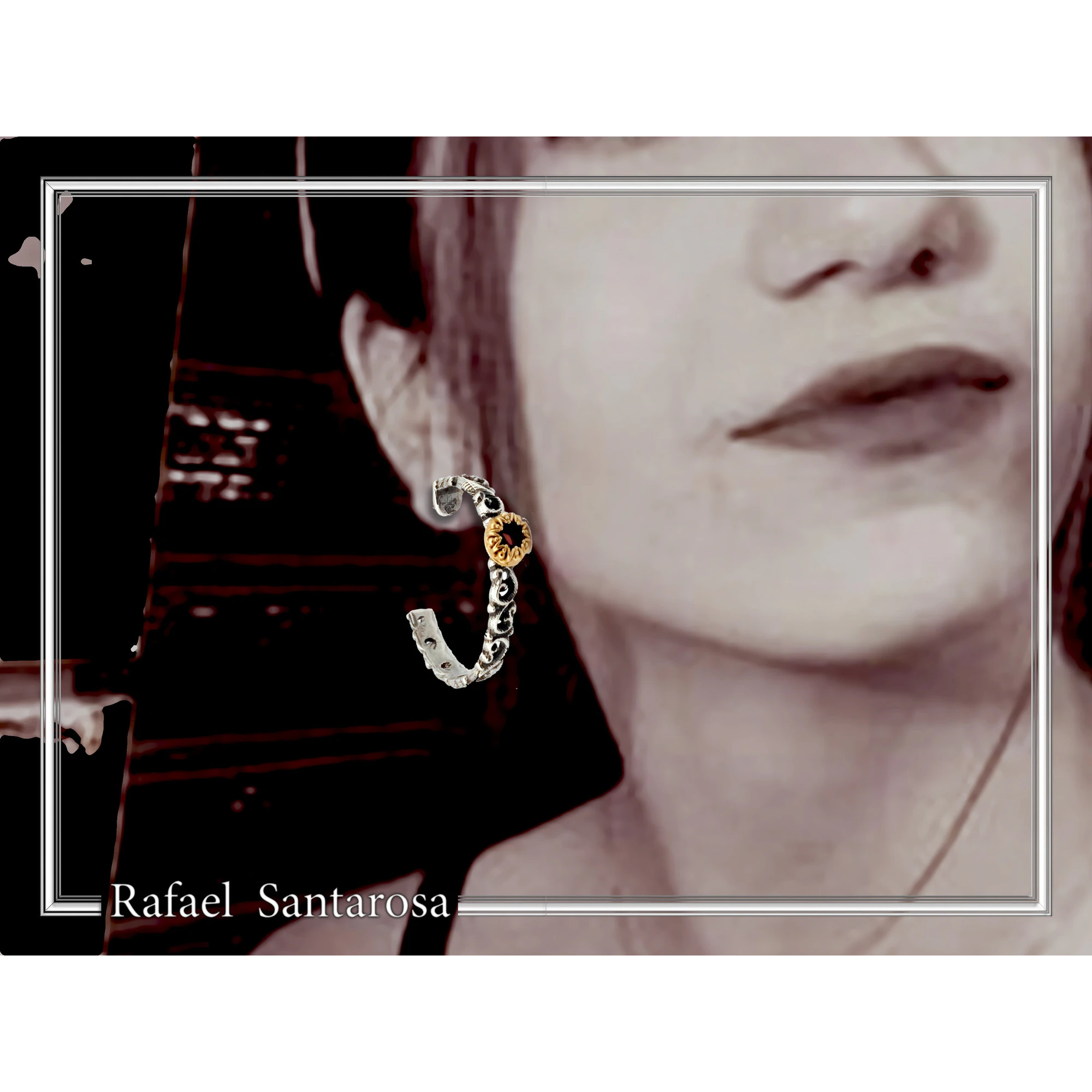 Natural Red Garnet Byzantine sculpture decorated Hoop Earrings: Oxidized & 18K Gold Filled Sterling Silver — additional product image 2 from Rafael Santarosa Fine Jewelry