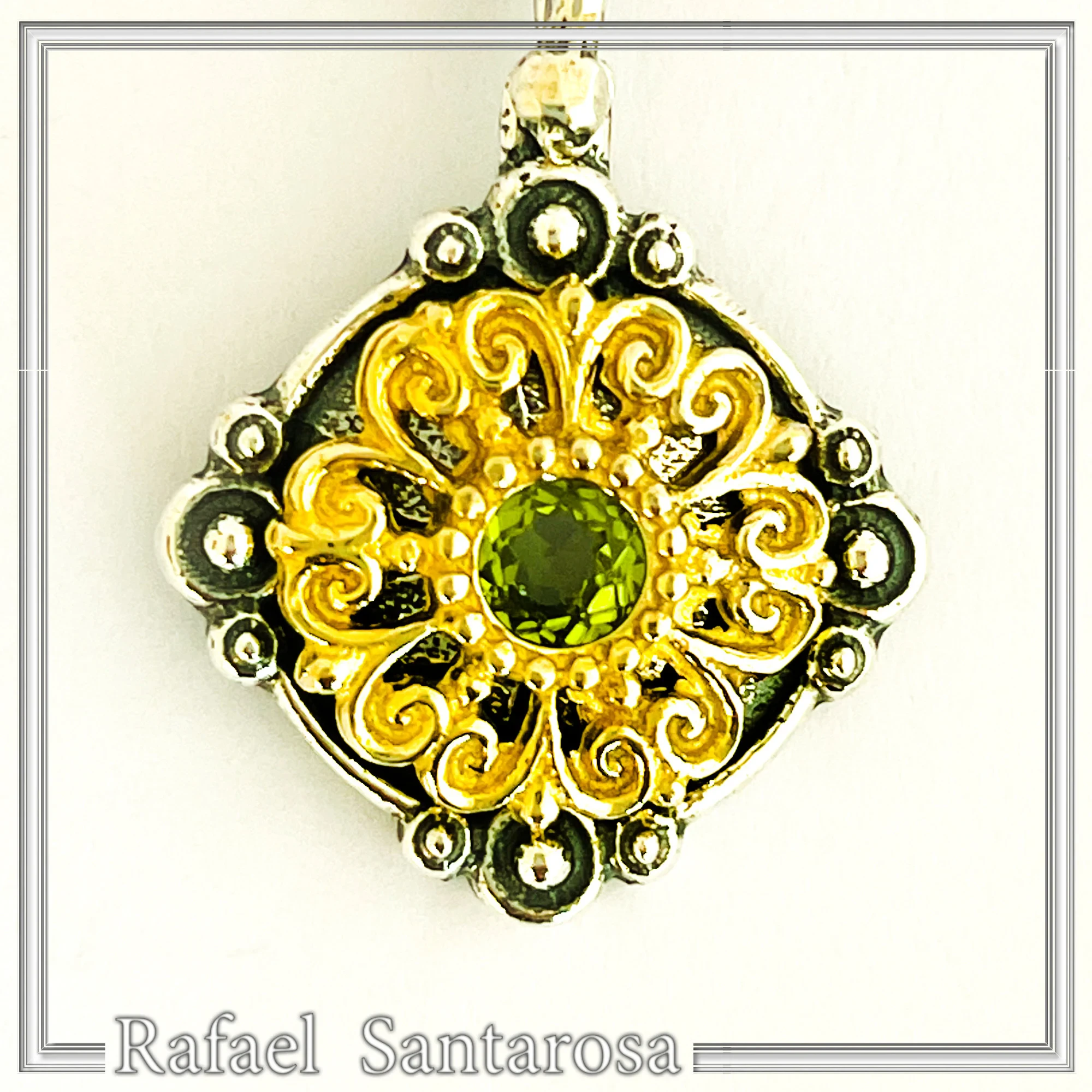 Genuine Peridot Gemstone Filigree Necklace: Sterling Silver Oxidised & Gold Filled Byzantine Pendant — additional product image 6 from Rafael Santarosa Fine Jewelry