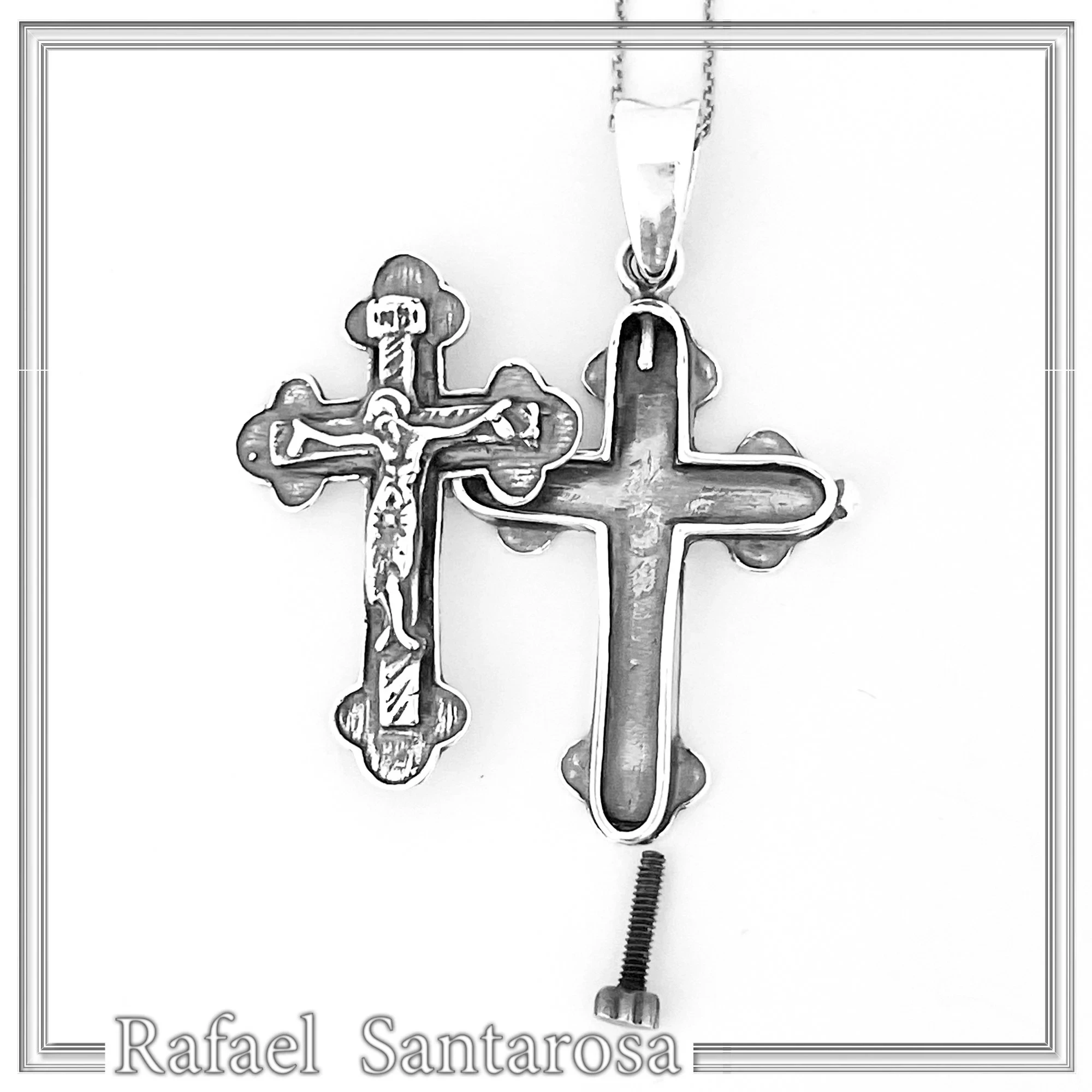 Cross of Jerusalem Reliquary with Jesus Crucifixion: Sterling Silver Byzantine Relic Holder Necklace — additional product image 7 from Rafael Santarosa Fine Jewelry