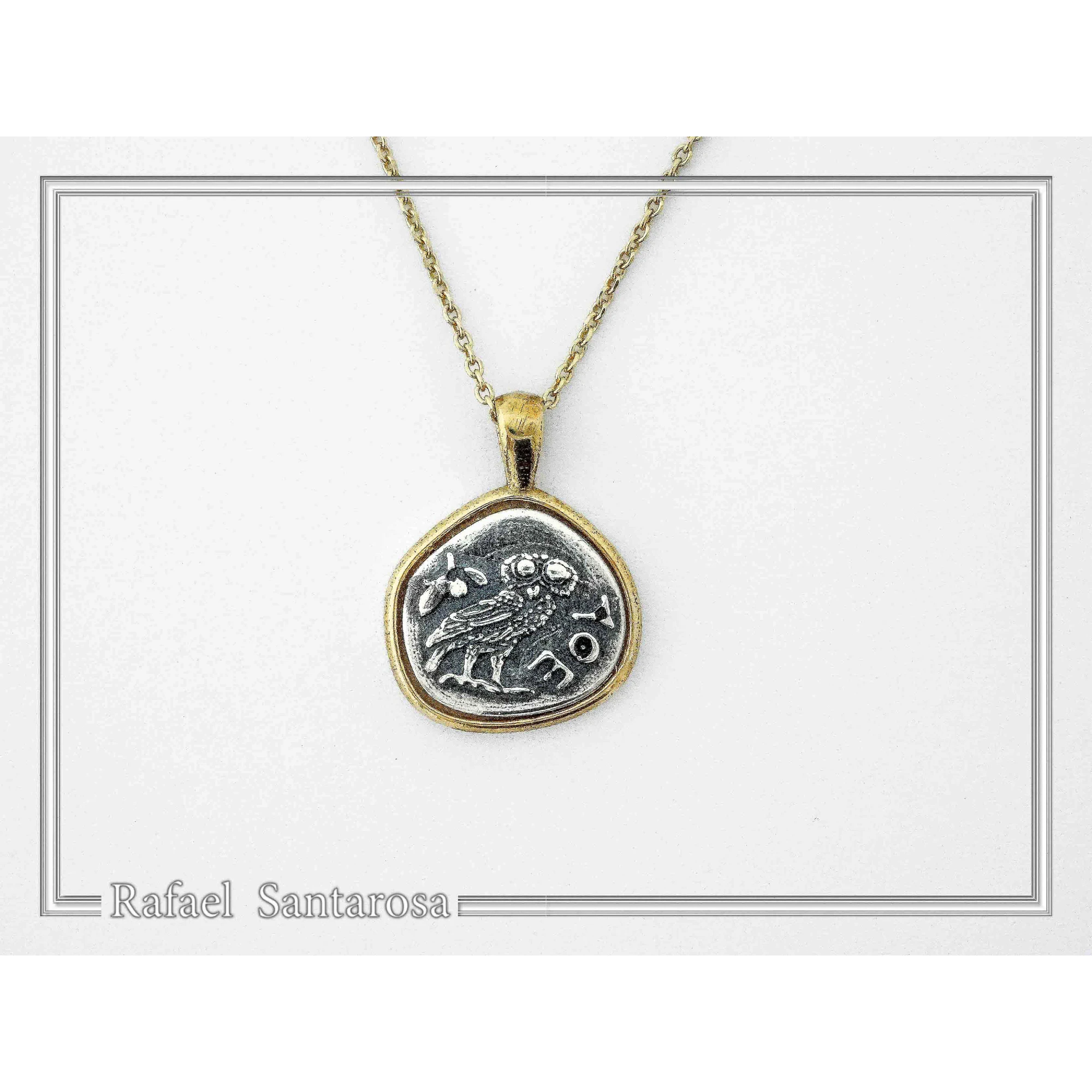 Ancient Greek Owl Coin Necklace, Athena Tetradrachm, Sterling Silver & 18K Gold Filled, Historical Gift — additional product image 4 from Rafael Santarosa Fine Jewelry