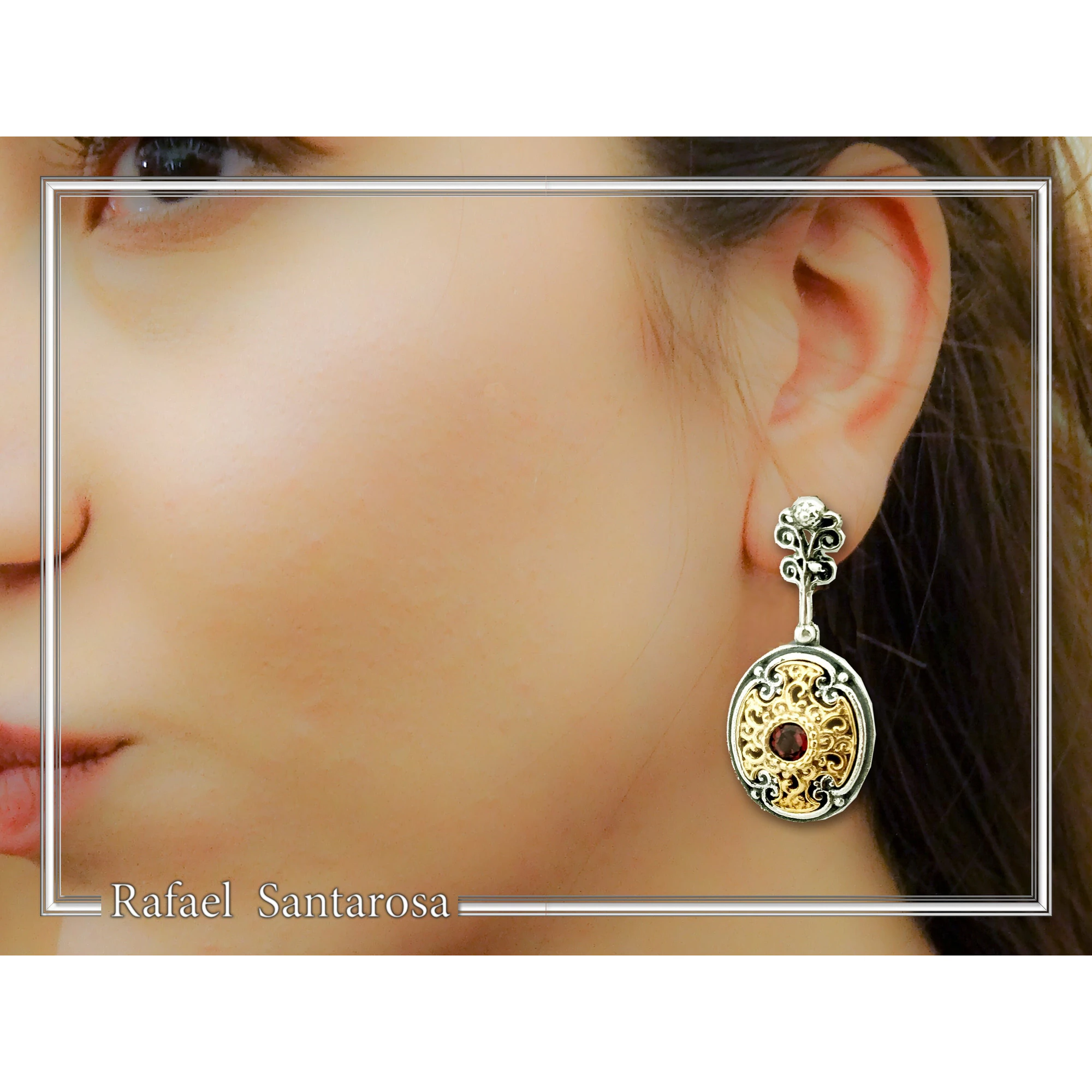 Natural Red Garnet Byzantine style Earrings: Oxidized & 18K Gold-Filled Sterling Silver, — additional product image 3 from Rafael Santarosa Fine Jewelry