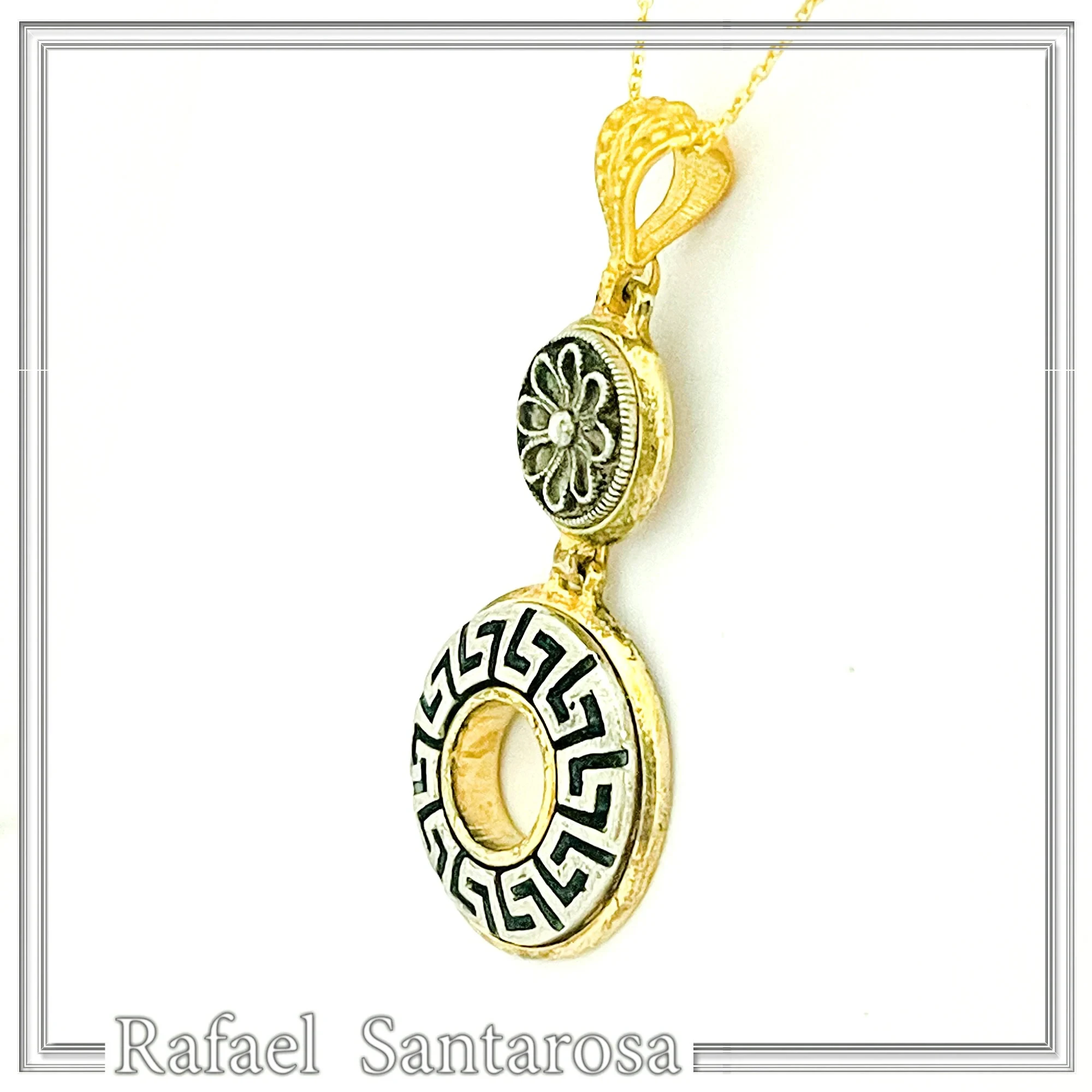Greek Key & Greek Flower Dangle Necklace: Oxidized Sterling Silver Meander in 18K Gold-Filled Base — additional product image 4 from Rafael Santarosa Fine Jewelry