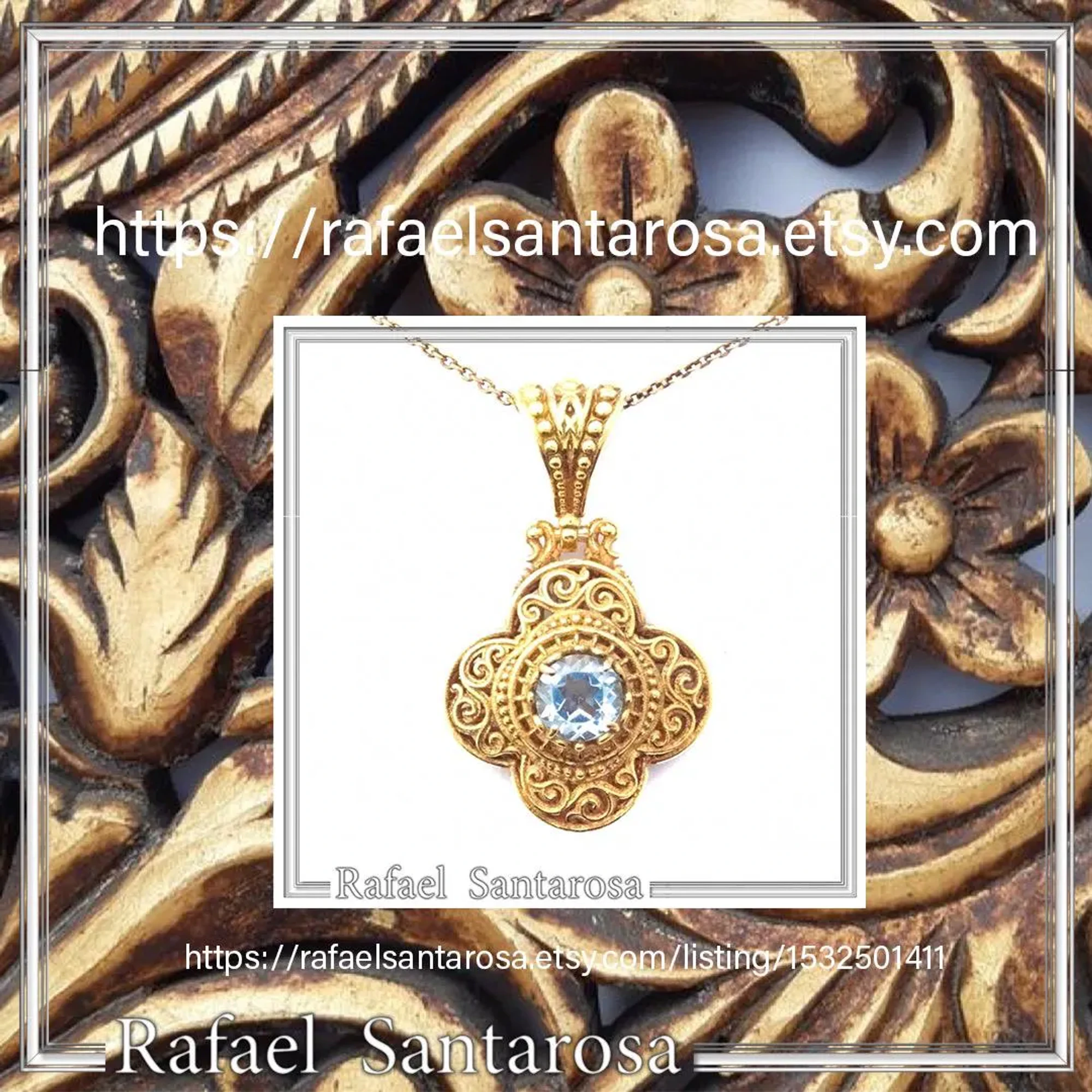 18K Solid Yellow Gold Byzantine Cross Filigree Pendant: Natural Sky-Blue Topaz Handmade Necklace — additional product image 10 from Rafael Santarosa Fine Jewelry