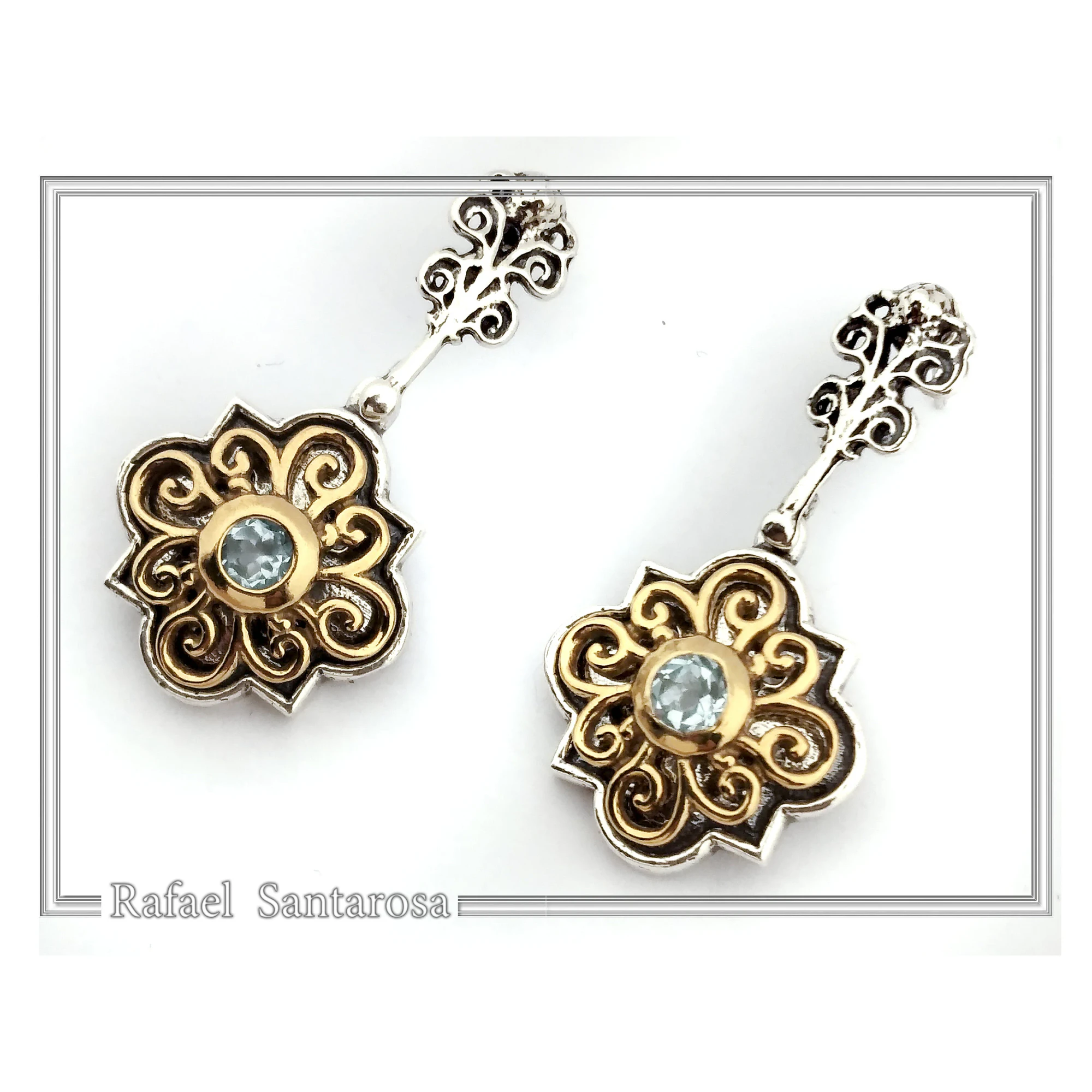 Byzantine Genuine Gemstones Silver Earrings: 18K Gold Filled Filigree on oxidised silver base — additional product image 4 from Rafael Santarosa Fine Jewelry
