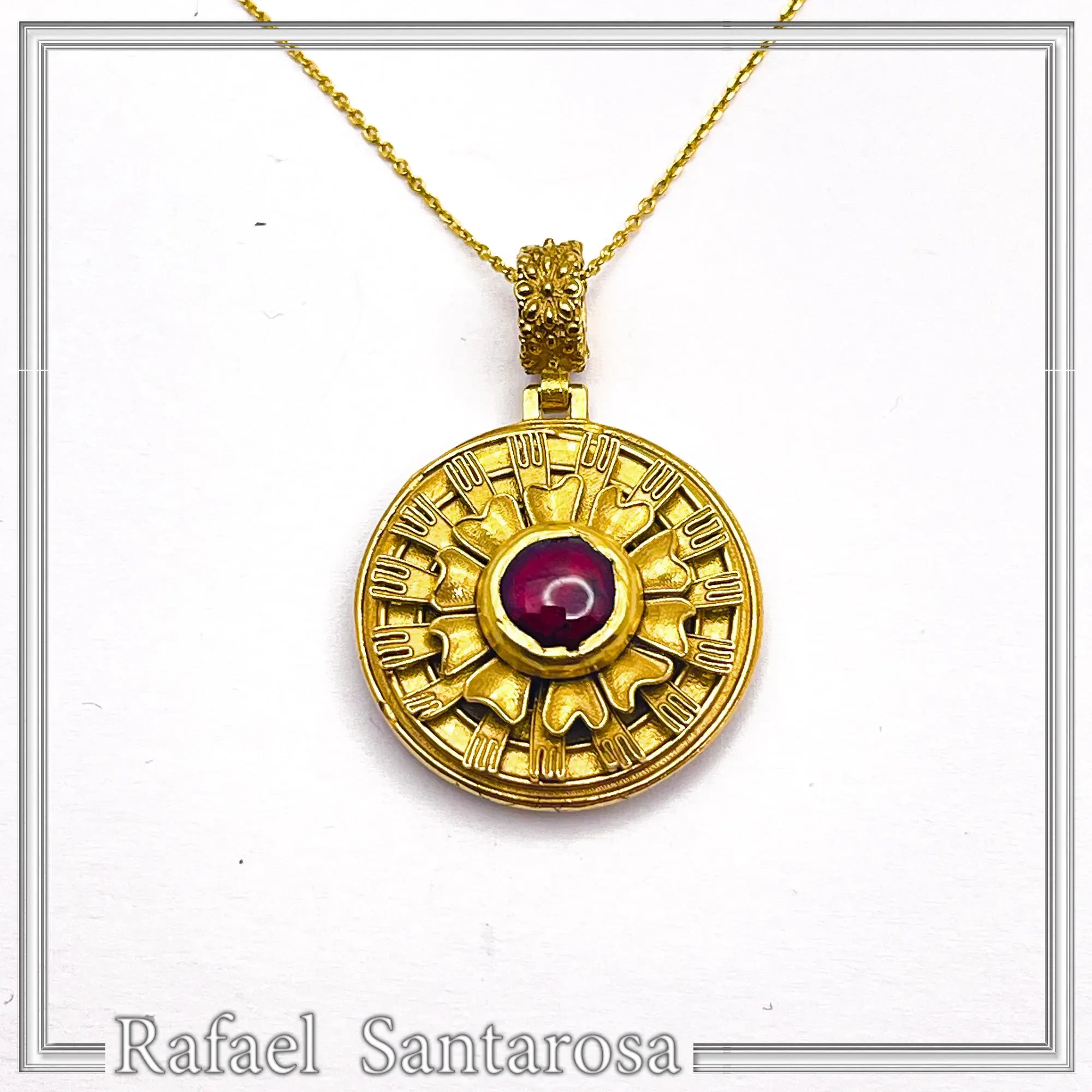 Ancient Greek Flower Museum Replica Pendant, Sterling Silver 18K Gold Filled Natural Garnet Necklace
