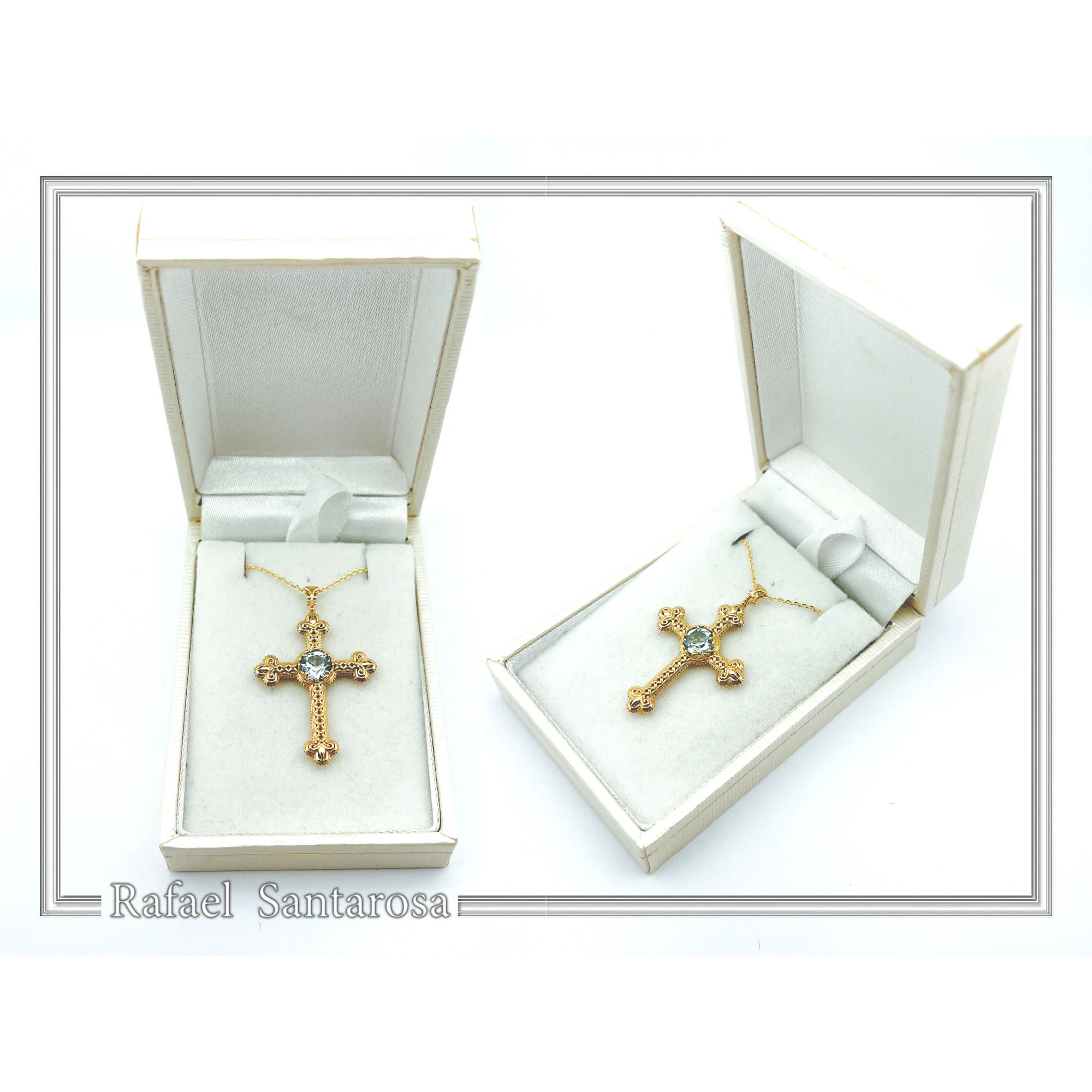 Natural Brilliant Cut Sky Blue Topaz Byzantine Filigree Cross Pendant 18K Gold Filled Silver — additional product image 10 from Rafael Santarosa Fine Jewelry