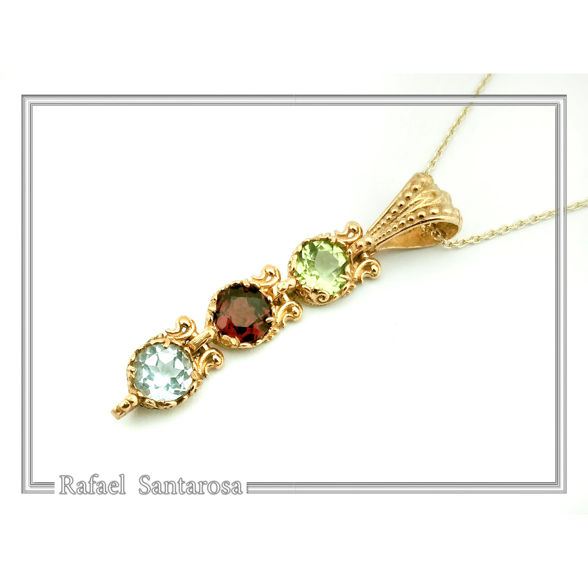 Filigree Natural Gemstones Pendant with Byzantine ornaments on bezel: 18K Gold-Filled Sterling Silver — additional product image 10 from Rafael Santarosa Fine Jewelry