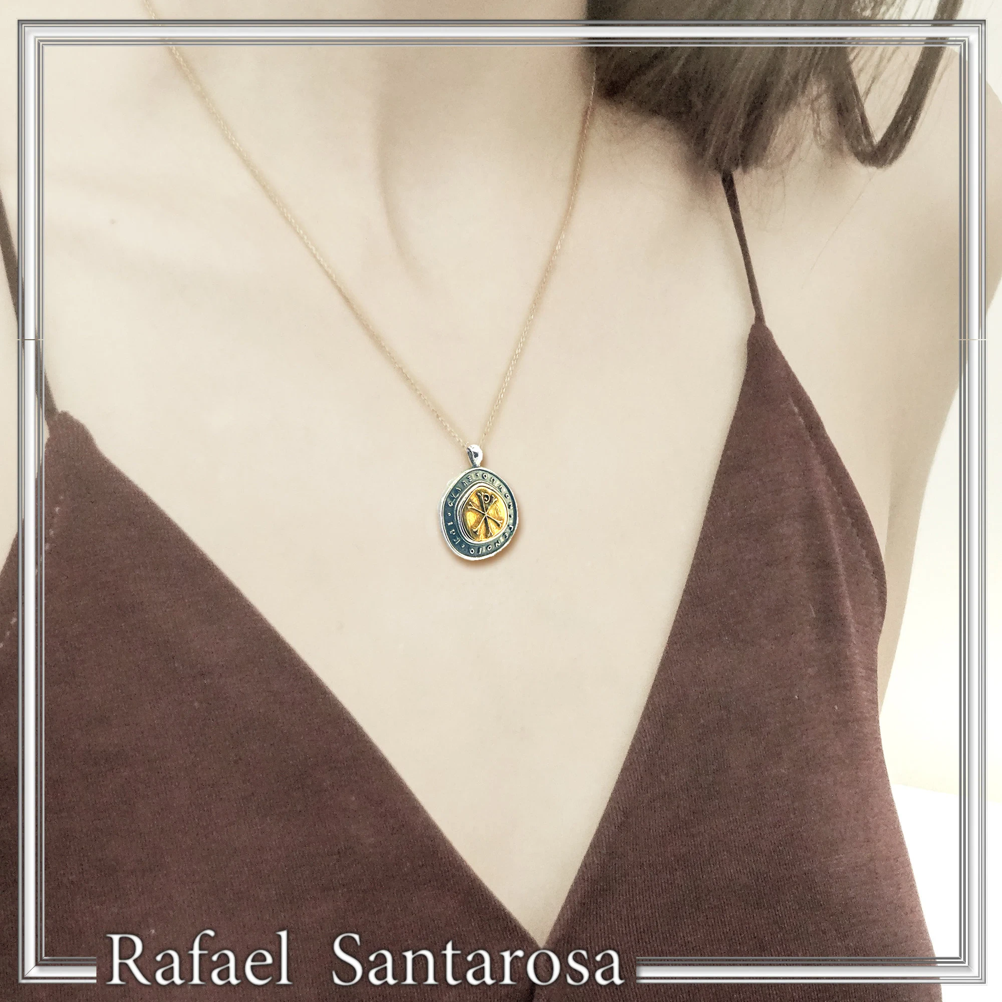 18k Gold Chi Ro Christogram on Oxidized Sterling Silver Pendant: Byzantine prayer inscription Talisman — additional product image 3 from Rafael Santarosa Fine Jewelry