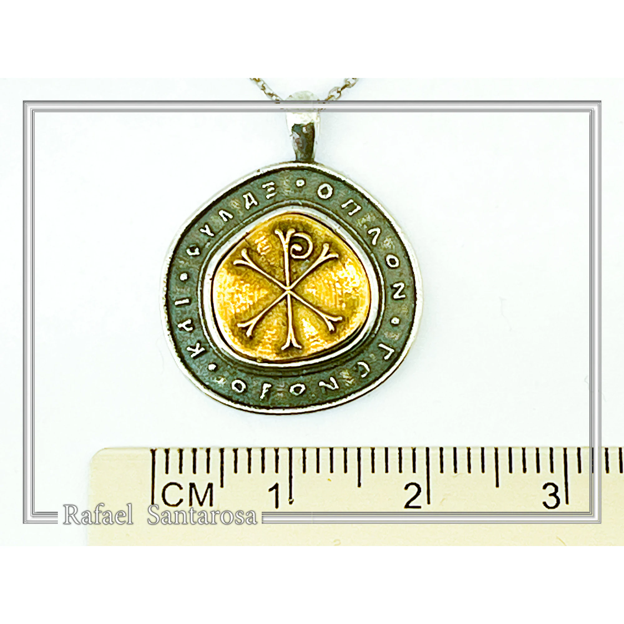 18k Gold Chi Ro Christogram on Oxidized Sterling Silver Pendant: Byzantine prayer inscription Talisman — additional product image 8 from Rafael Santarosa Fine Jewelry