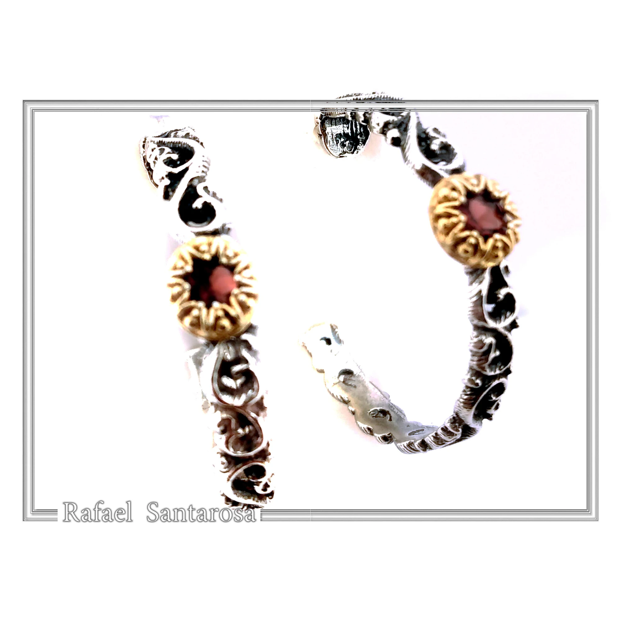 Natural Red Garnet Byzantine sculpture decorated Hoop Earrings: Oxidized & 18K Gold Filled Sterling Silver — additional product image 3 from Rafael Santarosa Fine Jewelry