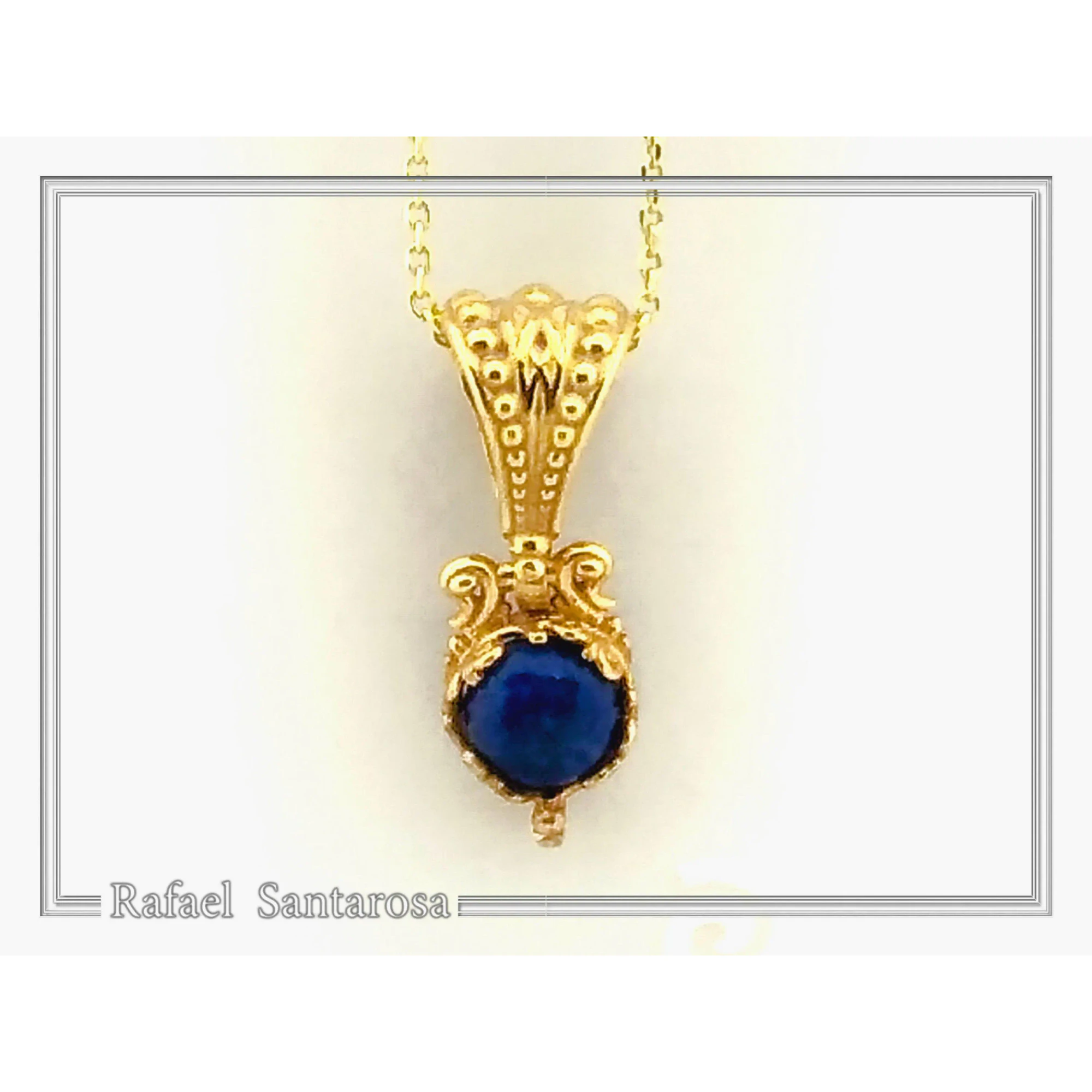 Natural Lapis Lazuli Filigree Byzantine Necklace: Sterling Silver Gold-Filled Genuine Gem Pendant — additional product image 3 from Rafael Santarosa Fine Jewelry