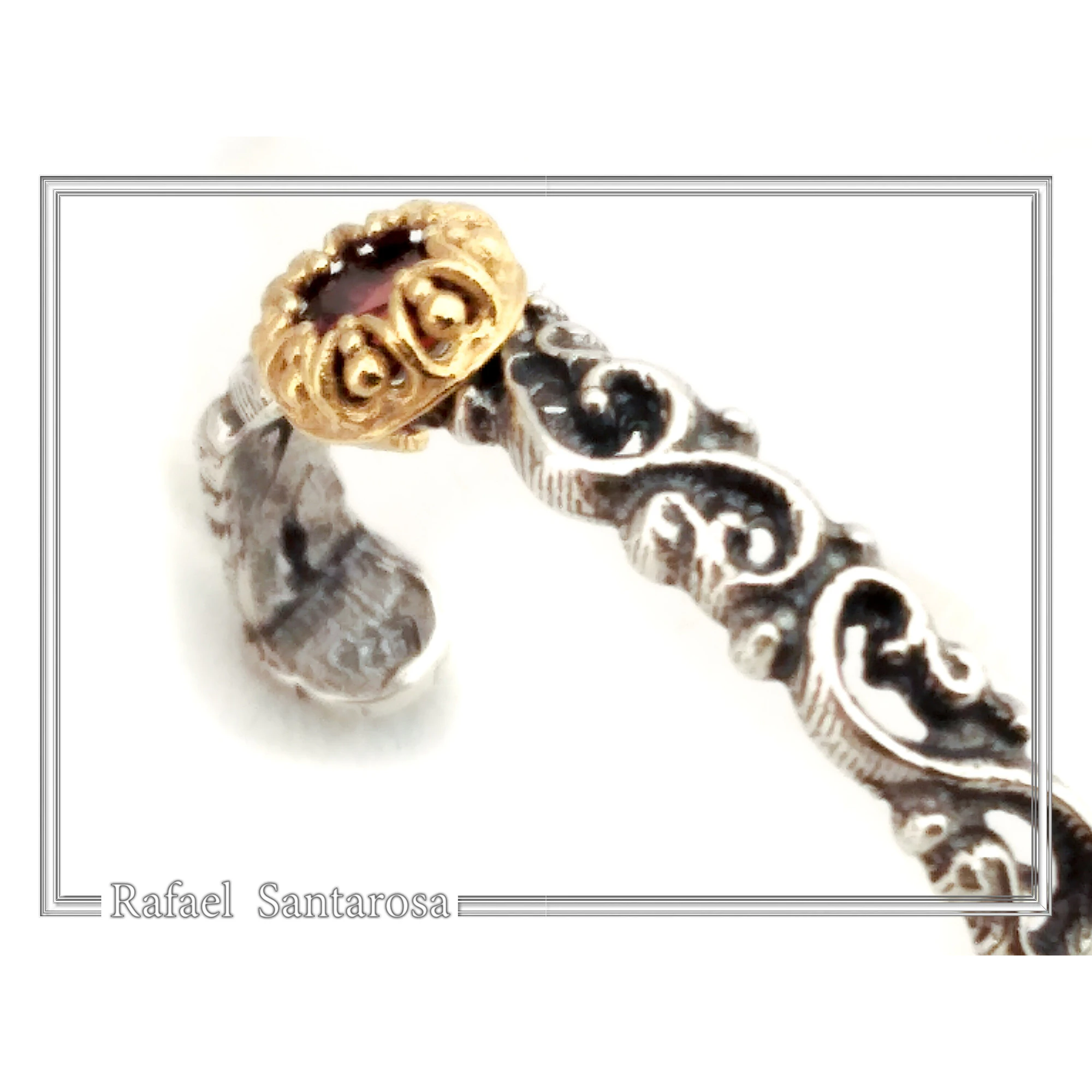 Natural Red Garnet Byzantine sculpture decorated Hoop Earrings: Oxidized & 18K Gold Filled Sterling Silver — additional product image 7 from Rafael Santarosa Fine Jewelry