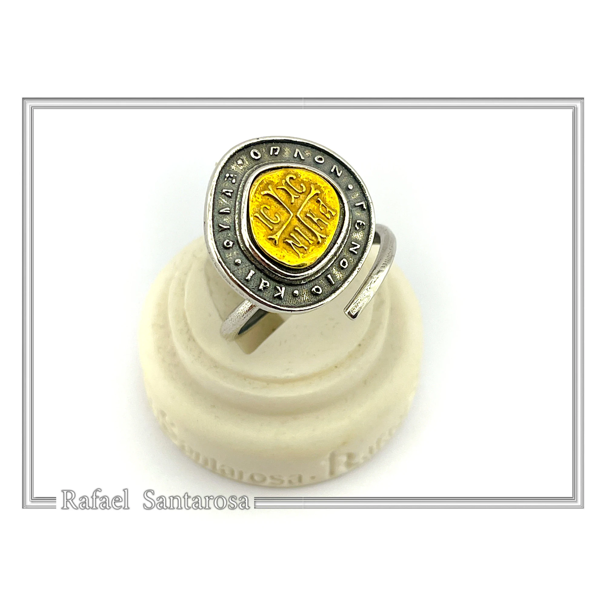 Jesus Christ Victorious ICXC NIKA Byzantine Talisman Adjustable Ring: 18K Gold & Oxidized Sterling Silver — additional product image 3 from Rafael Santarosa Fine Jewelry