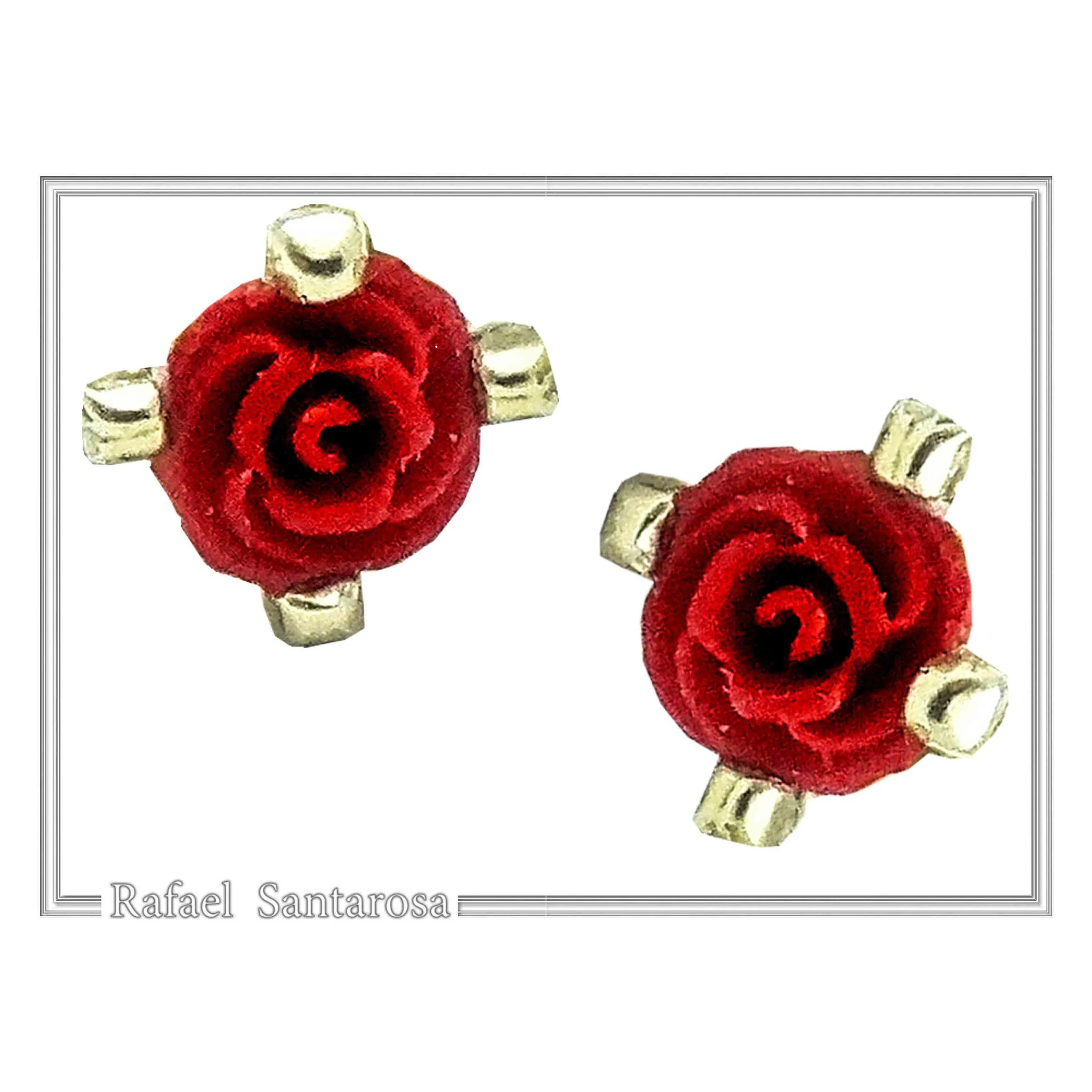 Handmade Red Rose Flower Stud Earrings: Alabaster & 18K Gold Filled Sterling Silver — additional product image 2 from Rafael Santarosa Fine Jewelry