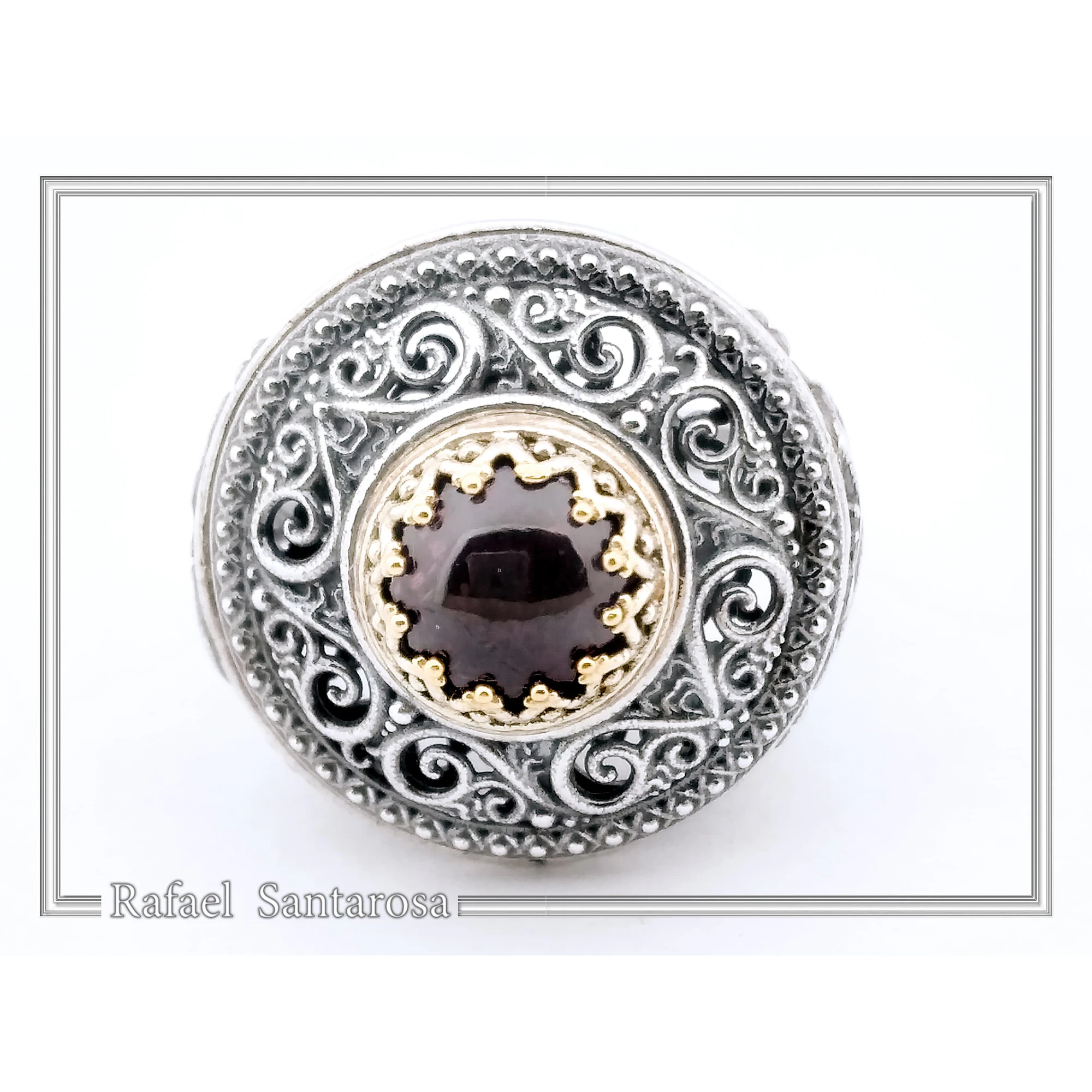 Genuine Red Garnet Byzantine Hand Sculptured Ring: Sterling Silver Oxidized and 18K Gold Filled — additional product image 7 from Rafael Santarosa Fine Jewelry