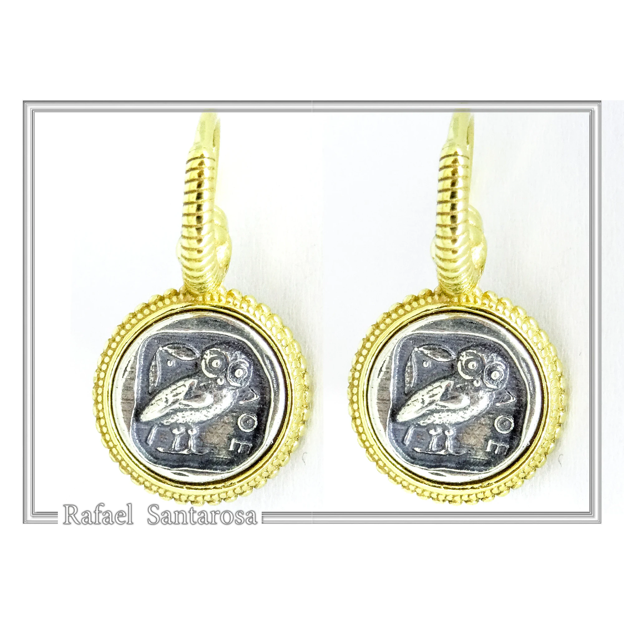 Athena Owl Coin Tetradrachm Ancient Greek Decoration Earrings, Museum Jewelry: Sterling Silver, 18K Gold-Filled — additional product image 4 from Rafael Santarosa Fine Jewelry