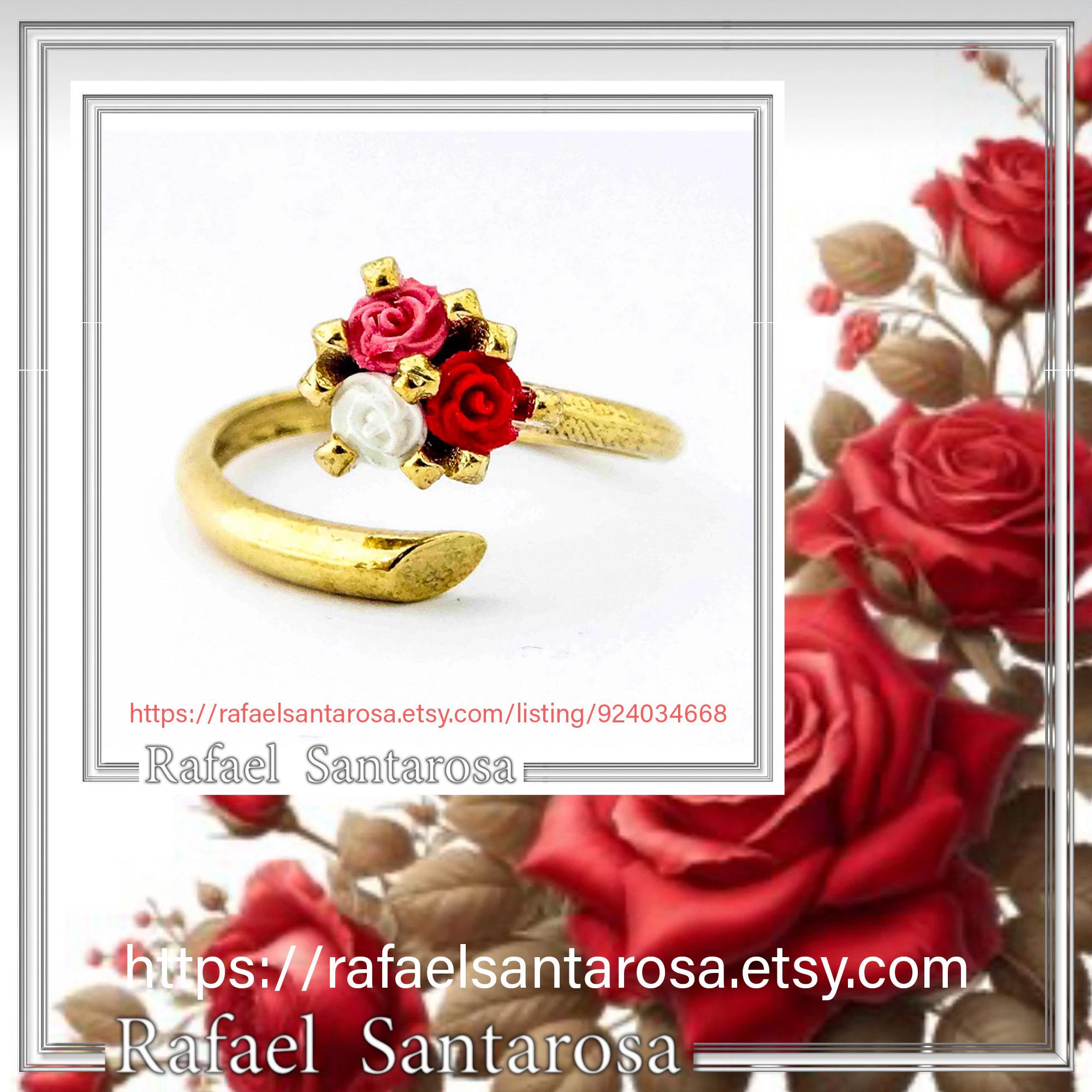 Alabaster Rose Flower Shaped Gems Bouquet Adjustable Ring: Sterling Silver 18K Gold Filled — additional product image 10 from Rafael Santarosa Fine Jewelry