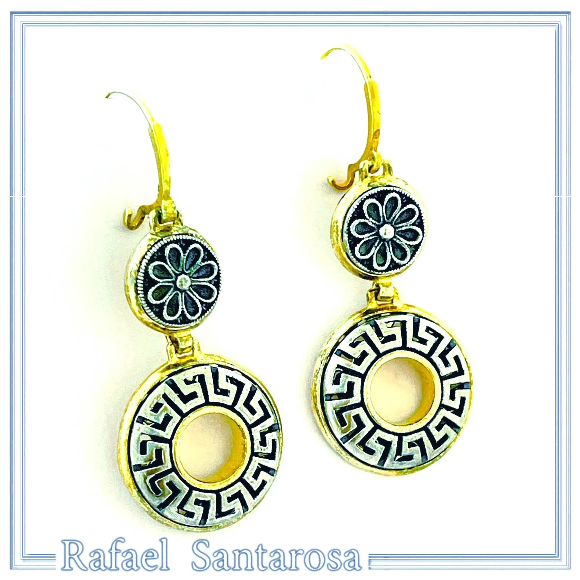 Greek Key and Greek flower Museum Earrings: 18K Gold Filled & Oxidized Sterling Silver — additional product image 4 from Rafael Santarosa Fine Jewelry