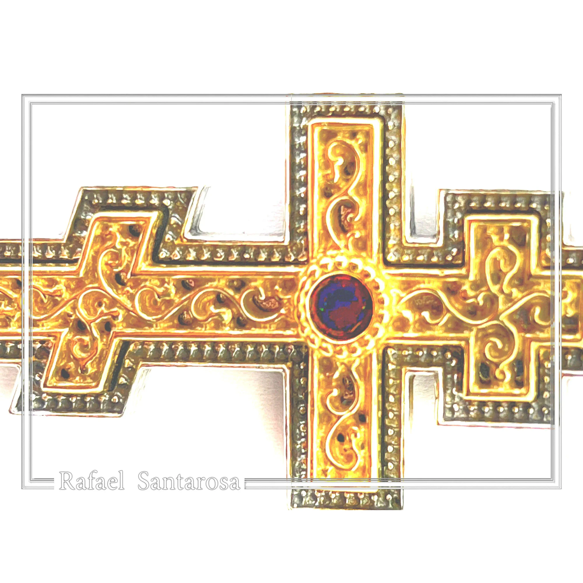 Russian type Orthodox Cross: Sky Blue Topaz, Oxidized & 18K Gold Filled Silver Byzantine Filigree — additional product image 5 from Rafael Santarosa Fine Jewelry