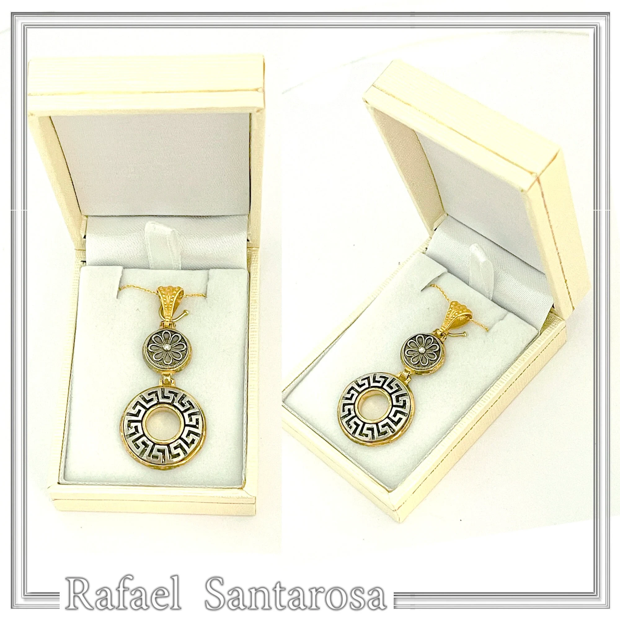 Greek Key & Greek Flower Dangle Necklace: Oxidized Sterling Silver Meander in 18K Gold-Filled Base — additional product image 10 from Rafael Santarosa Fine Jewelry