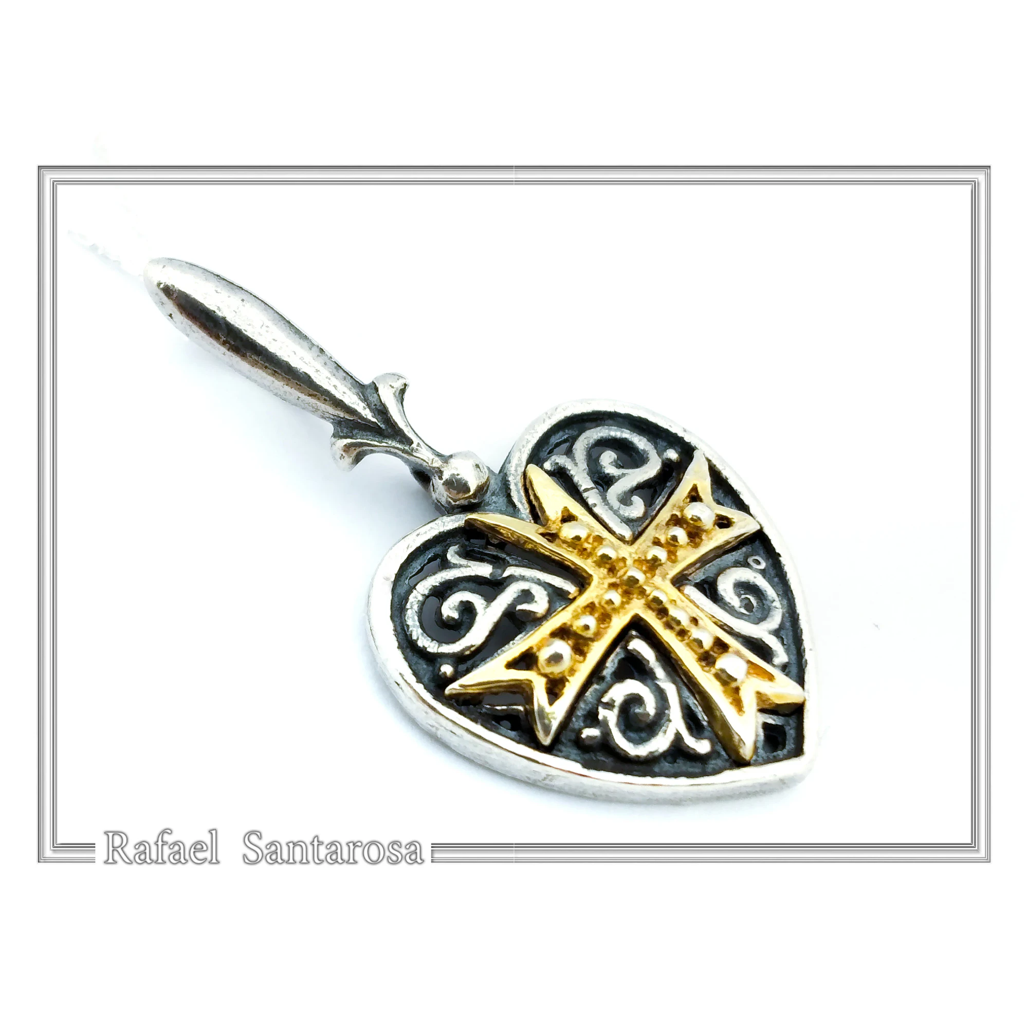 Byzantine Maltese Knights Cross Holy Heart Pendant: Oxidised and 18K Gold Filled Sterling Silver — additional product image 7 from Rafael Santarosa Fine Jewelry