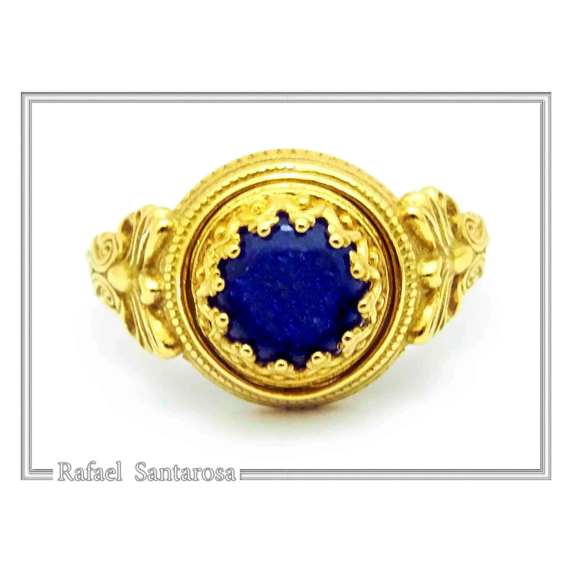 Natural Lapis Lazuli Greek Museum Ring: Handmade Filigree antefix 18K Gold-Filled Sterling Silver — additional product image 6 from Rafael Santarosa Fine Jewelry