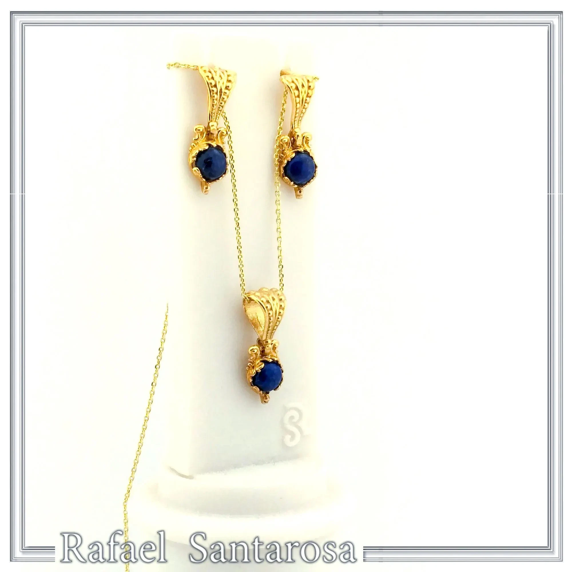 Natural Lapis Lazuli Filigree Byzantine Necklace: Sterling Silver Gold-Filled Genuine Gem Pendant — additional product image 2 from Rafael Santarosa Fine Jewelry