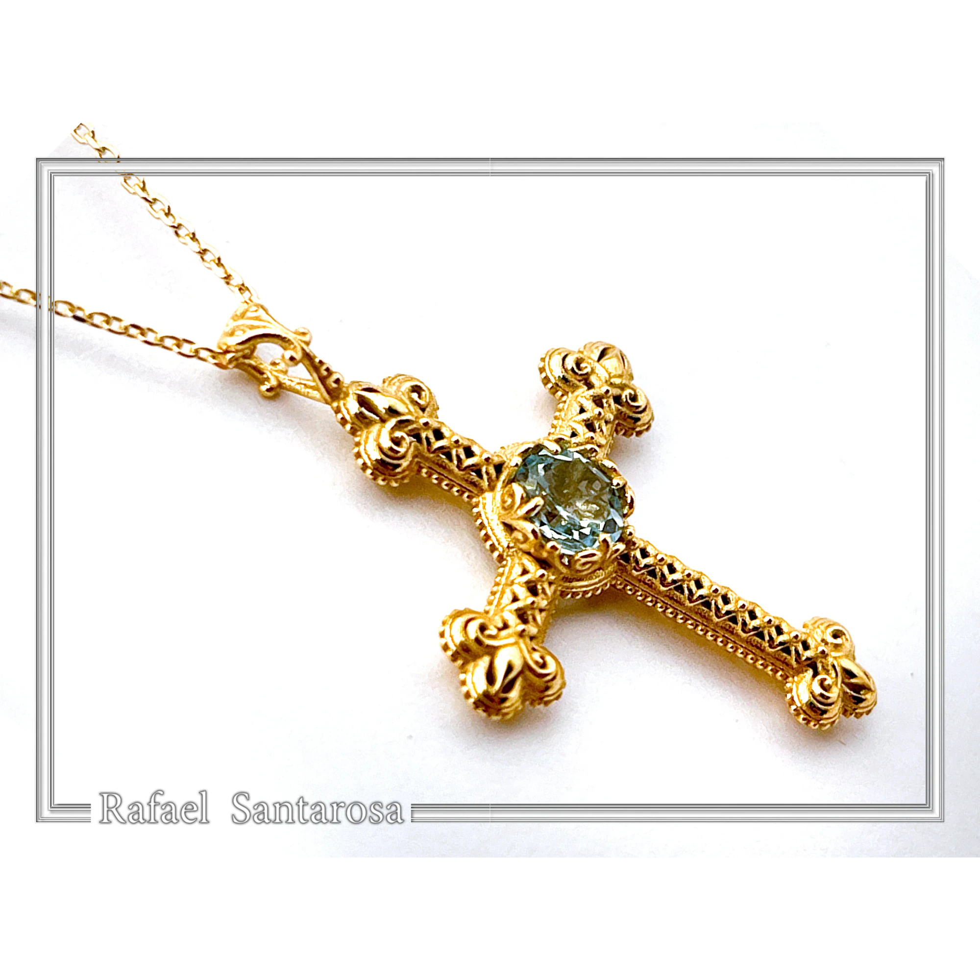 Natural Brilliant Cut Sky Blue Topaz Byzantine Filigree Cross Pendant 18K Gold Filled Silver — additional product image 6 from Rafael Santarosa Fine Jewelry