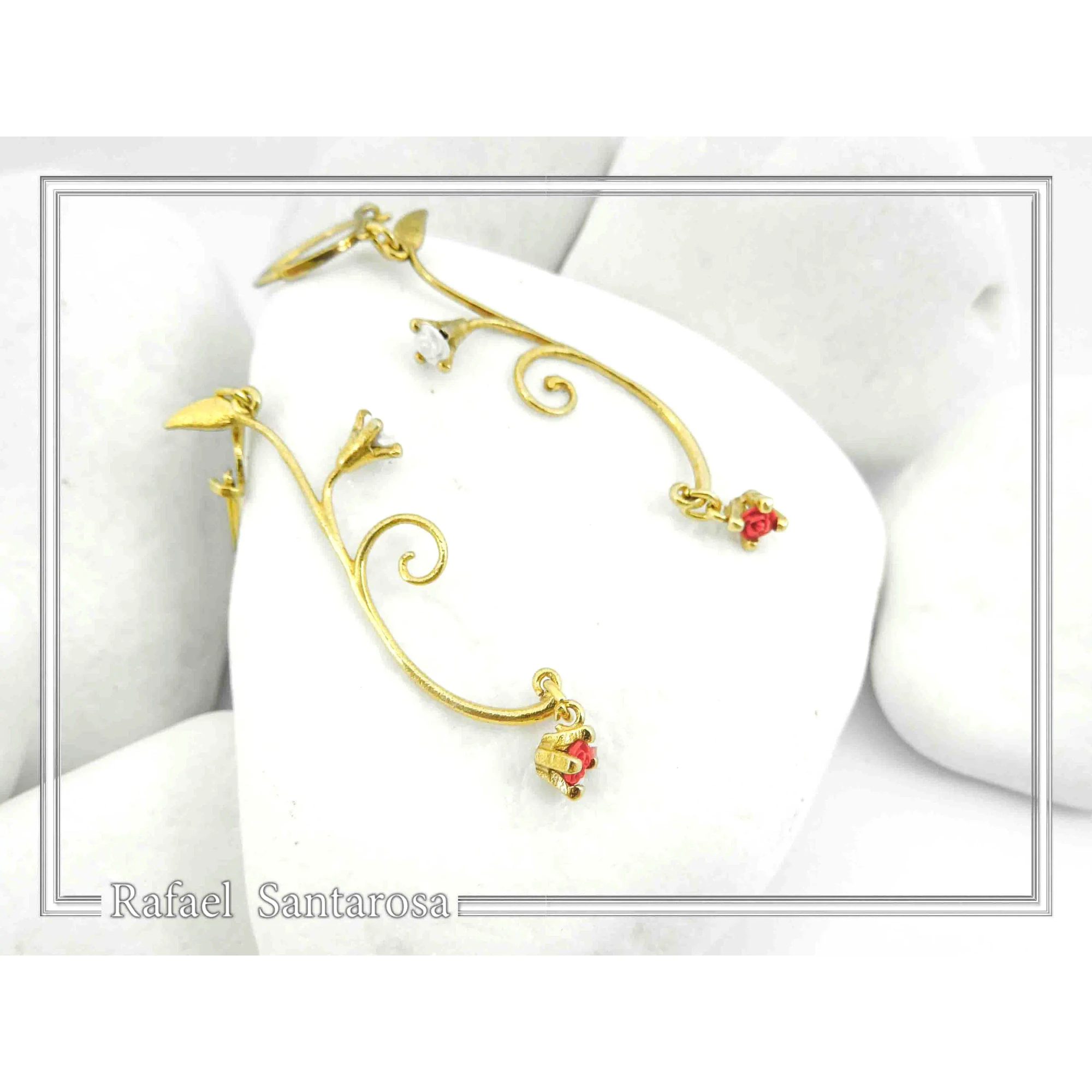 Gold-Filled Sterling Silver Rose Earrings: Red & White Alabaster Flowers — additional product image 6 from Rafael Santarosa Fine Jewelry