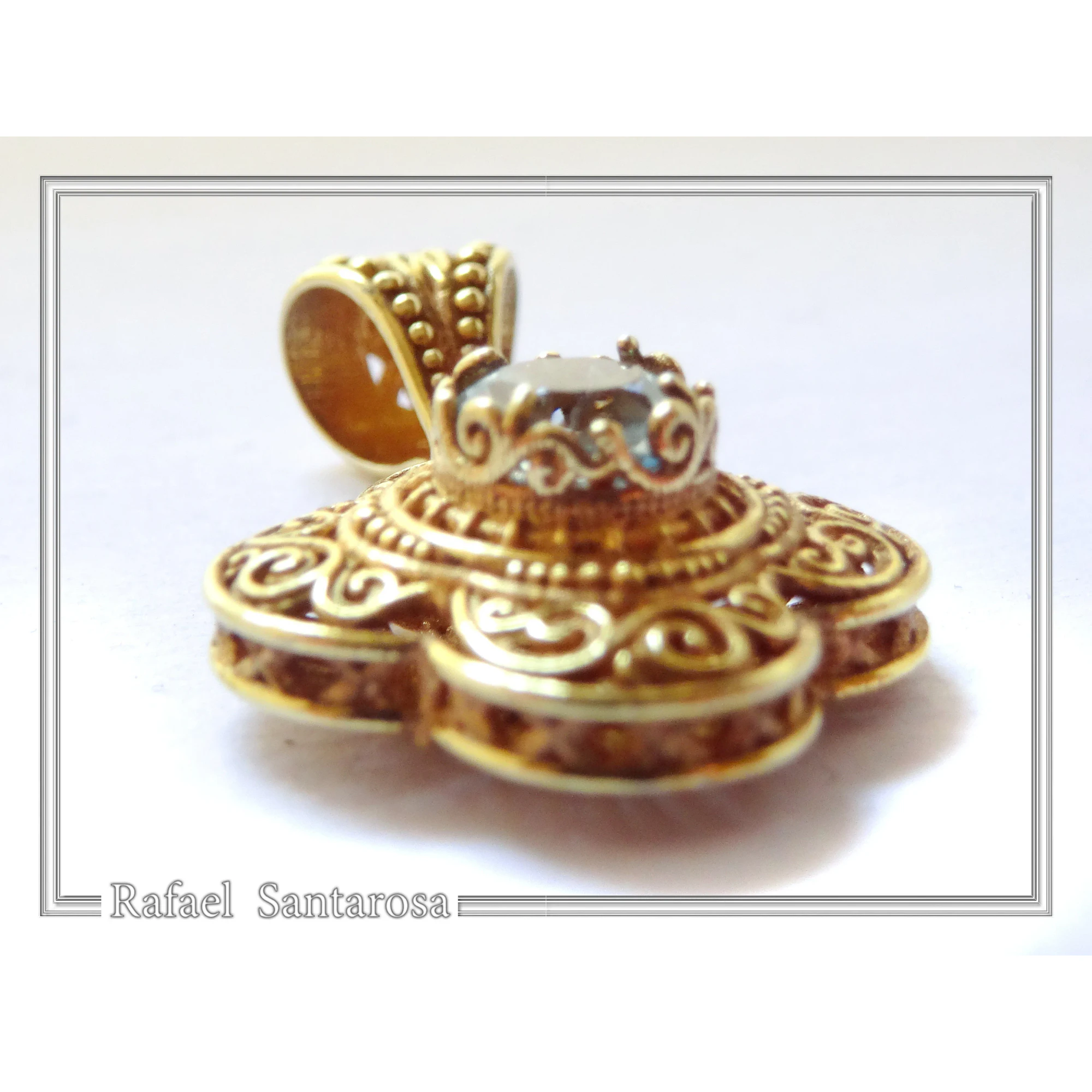 18K Solid Yellow Gold Byzantine Cross Filigree Pendant: Natural Sky-Blue Topaz Handmade Necklace — additional product image 7 from Rafael Santarosa Fine Jewelry