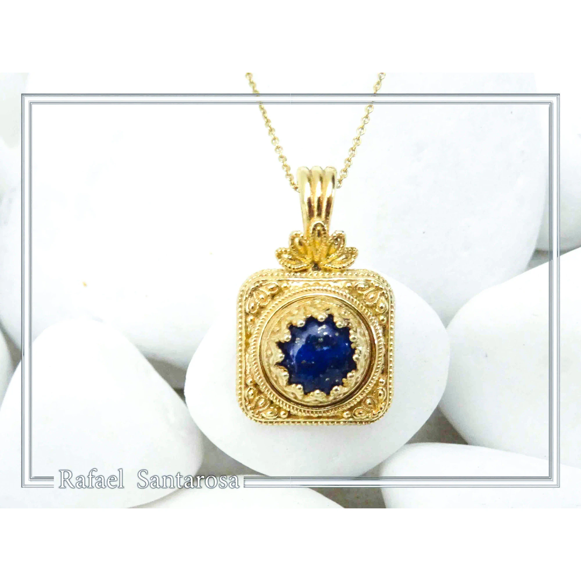 Genuine Lapis Lazuli Byzantine Filigree handmade Pendant: Sterling Silver Gold Filled — additional product image 3 from Rafael Santarosa Fine Jewelry