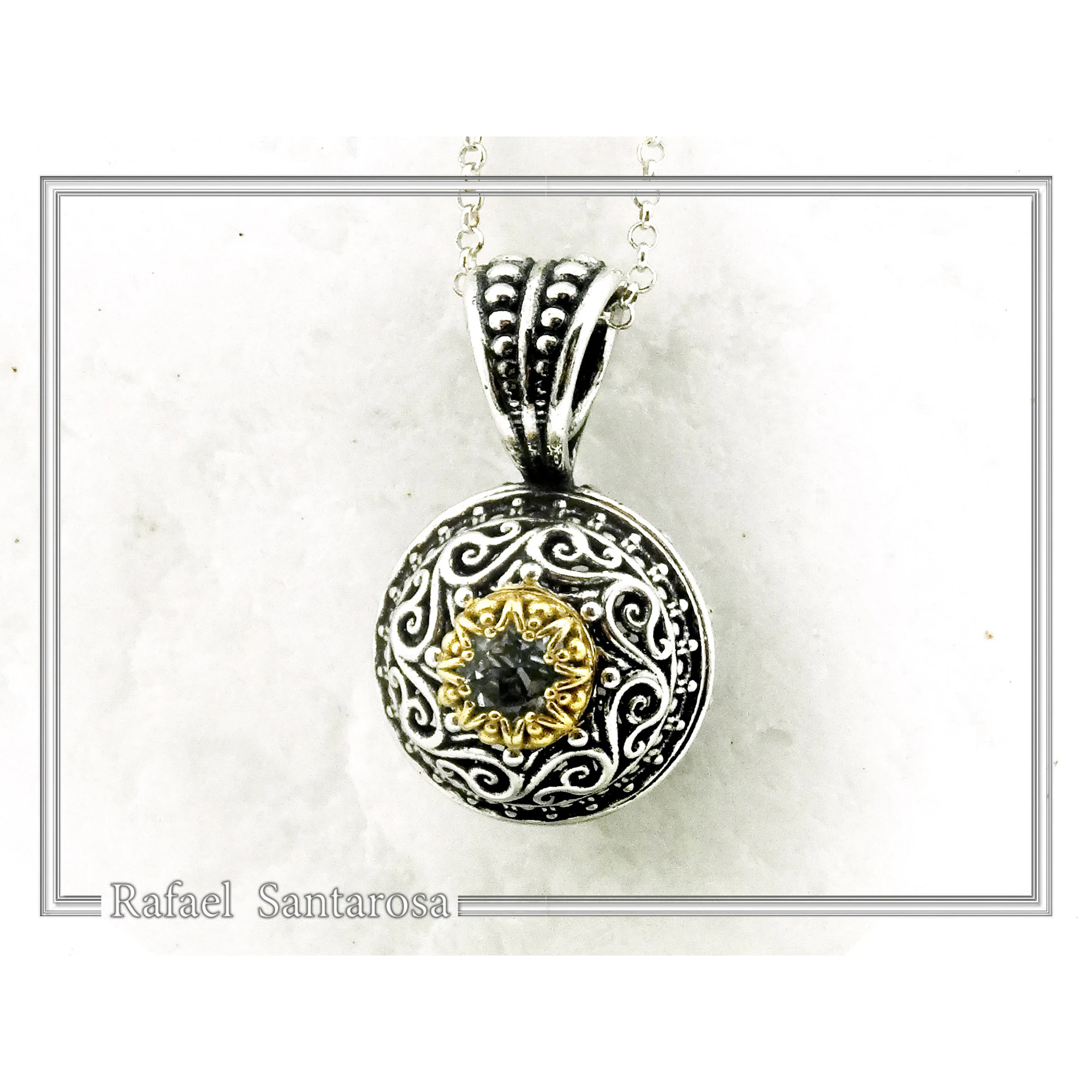 Genuine Sky-Blue Topaz Byzantine Filigree Necklace: Oxidized and 18K Gold Filled Sterling Silver — additional product image 3 from Rafael Santarosa Fine Jewelry