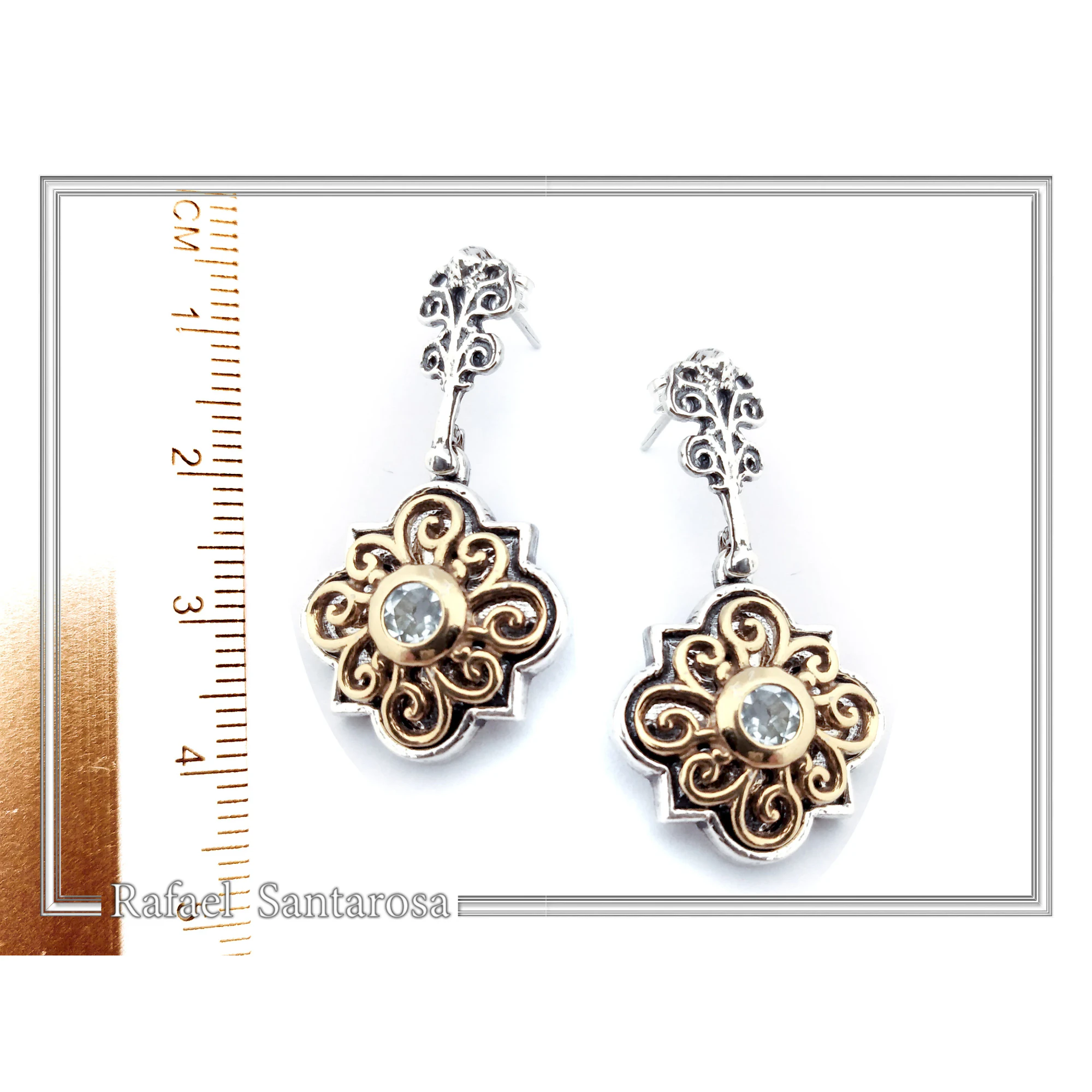 Byzantine Genuine Gemstones Silver Earrings: 18K Gold Filled Filigree on oxidised silver base — additional product image 8 from Rafael Santarosa Fine Jewelry