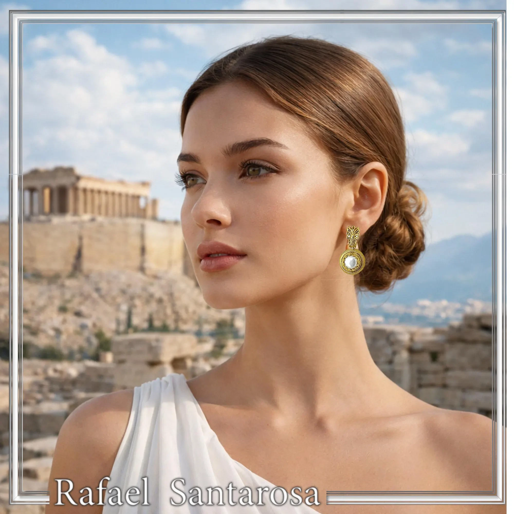 Ancient Greek Antefix Pearl Earrings: Sterling Silver 18K Gold-Filled Filigree jewelry — additional product image 3 from Rafael Santarosa Fine Jewelry