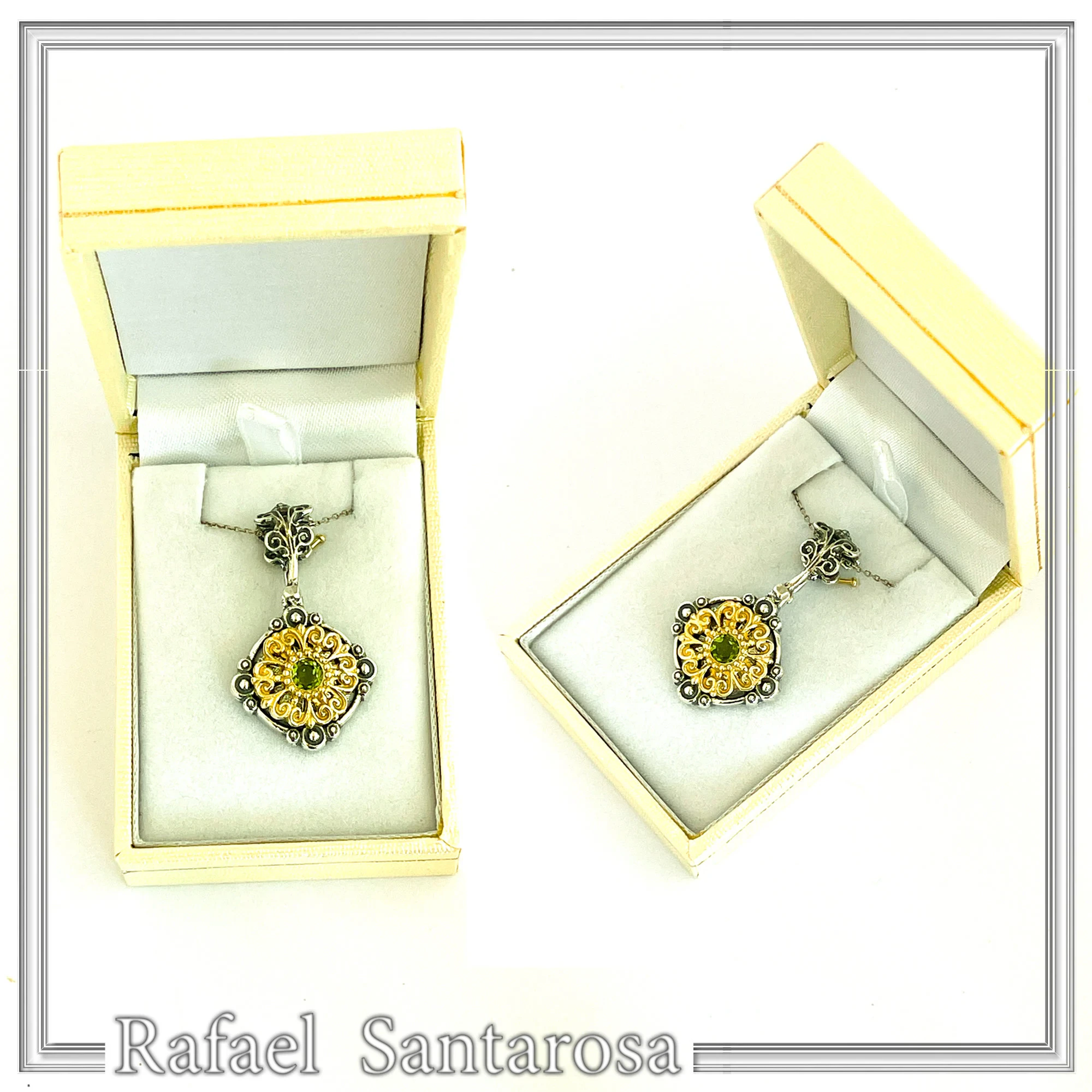 Genuine Peridot Gemstone Filigree Necklace: Sterling Silver Oxidised & Gold Filled Byzantine Pendant — additional product image 10 from Rafael Santarosa Fine Jewelry
