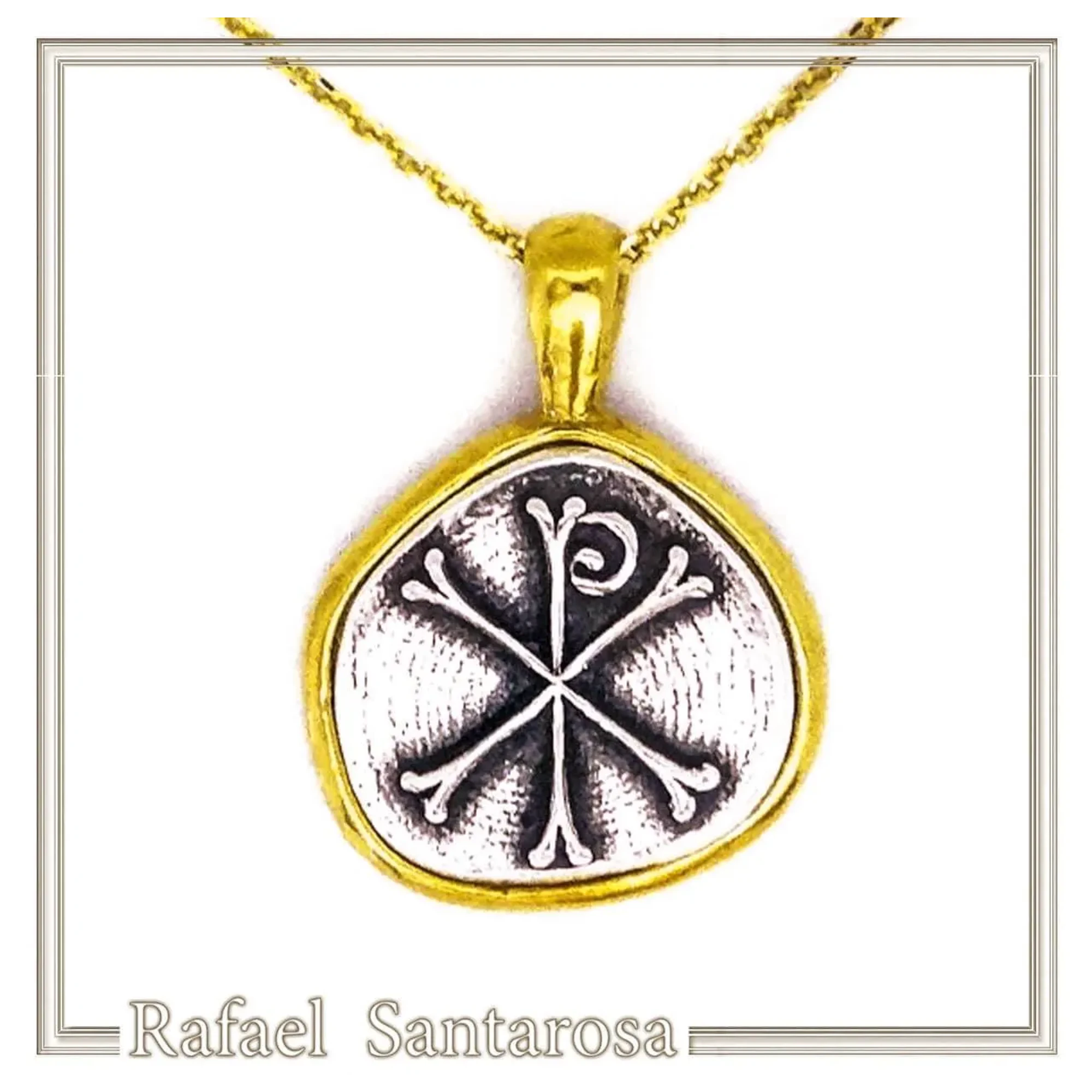 Chi Ro Jesus Name Christogram Pendant: Oxidized Sterling Silver Charm on Gold-Filled Base