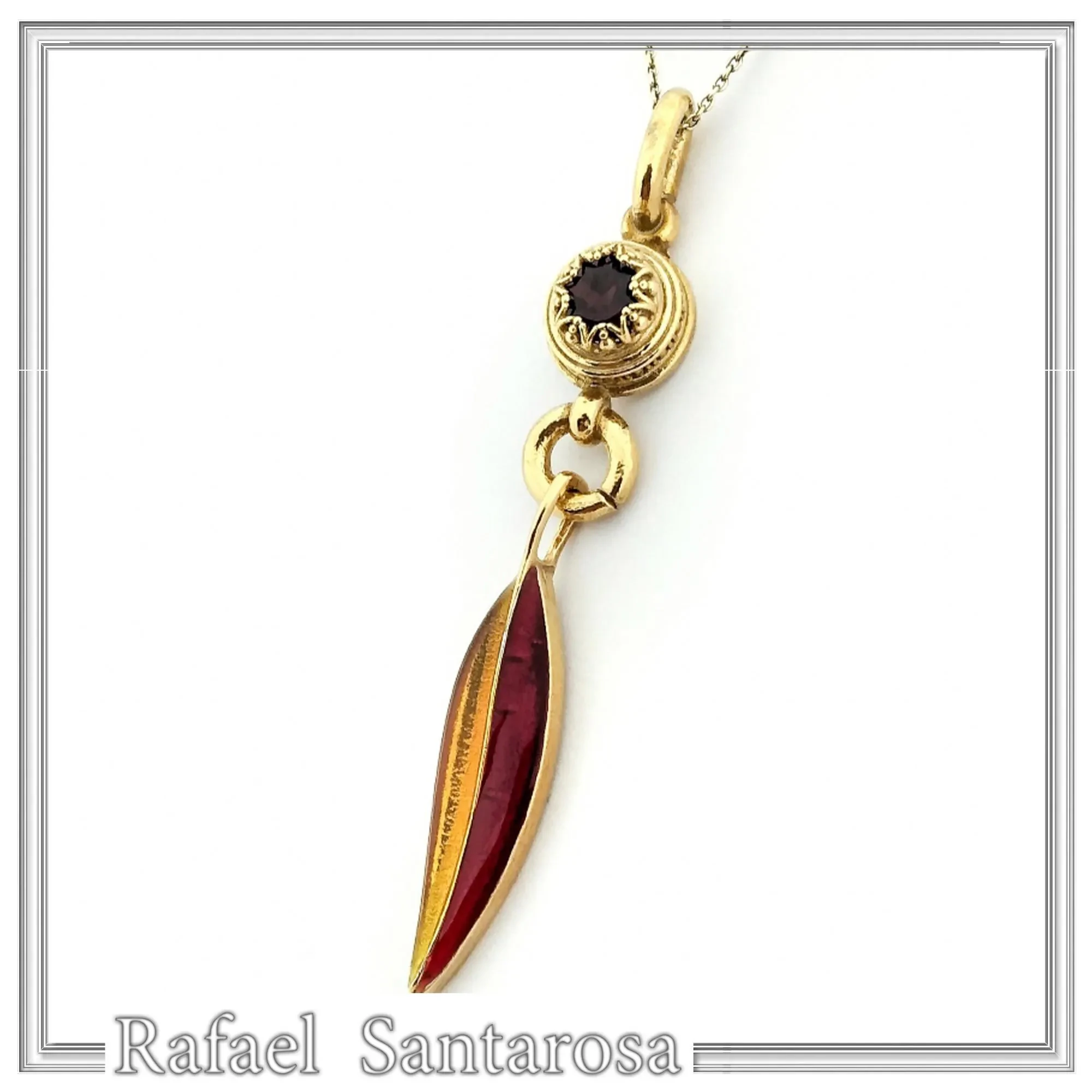 Olive Leaf Dangle Necklace: Natural Garnet and Enamel Floral Sterling Silver 18K Gold Filled