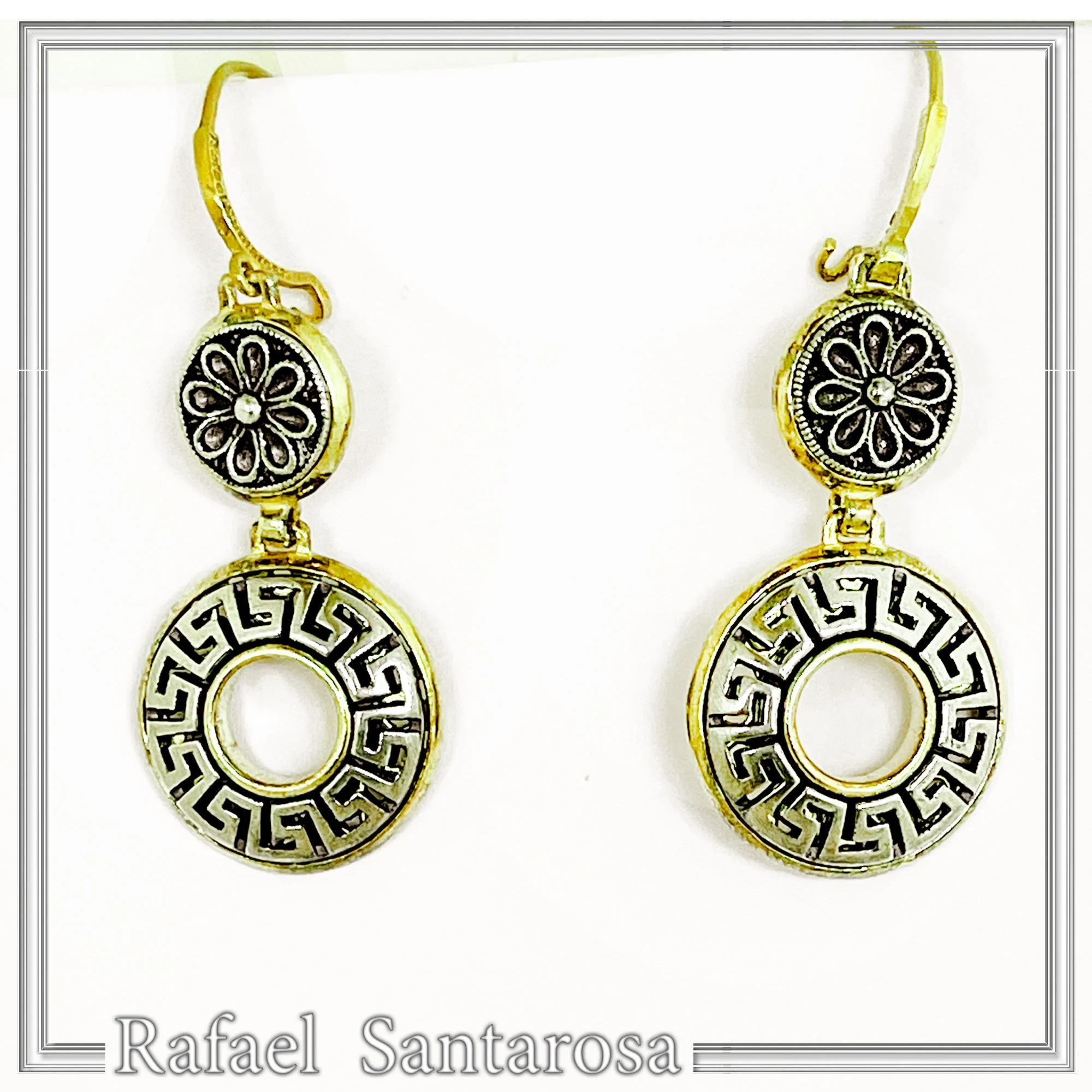 Greek Key and Greek flower Museum Earrings: 18K Gold Filled & Oxidized Sterling Silver — additional product image 3 from Rafael Santarosa Fine Jewelry