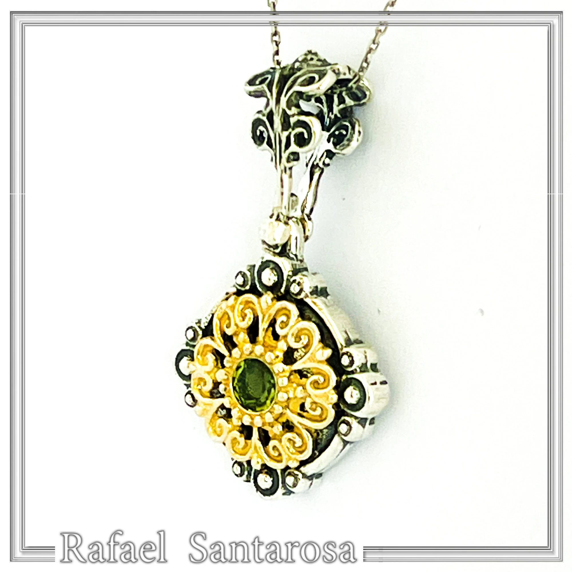 Genuine Peridot Gemstone Filigree Necklace: Sterling Silver Oxidised & Gold Filled Byzantine Pendant — additional product image 3 from Rafael Santarosa Fine Jewelry